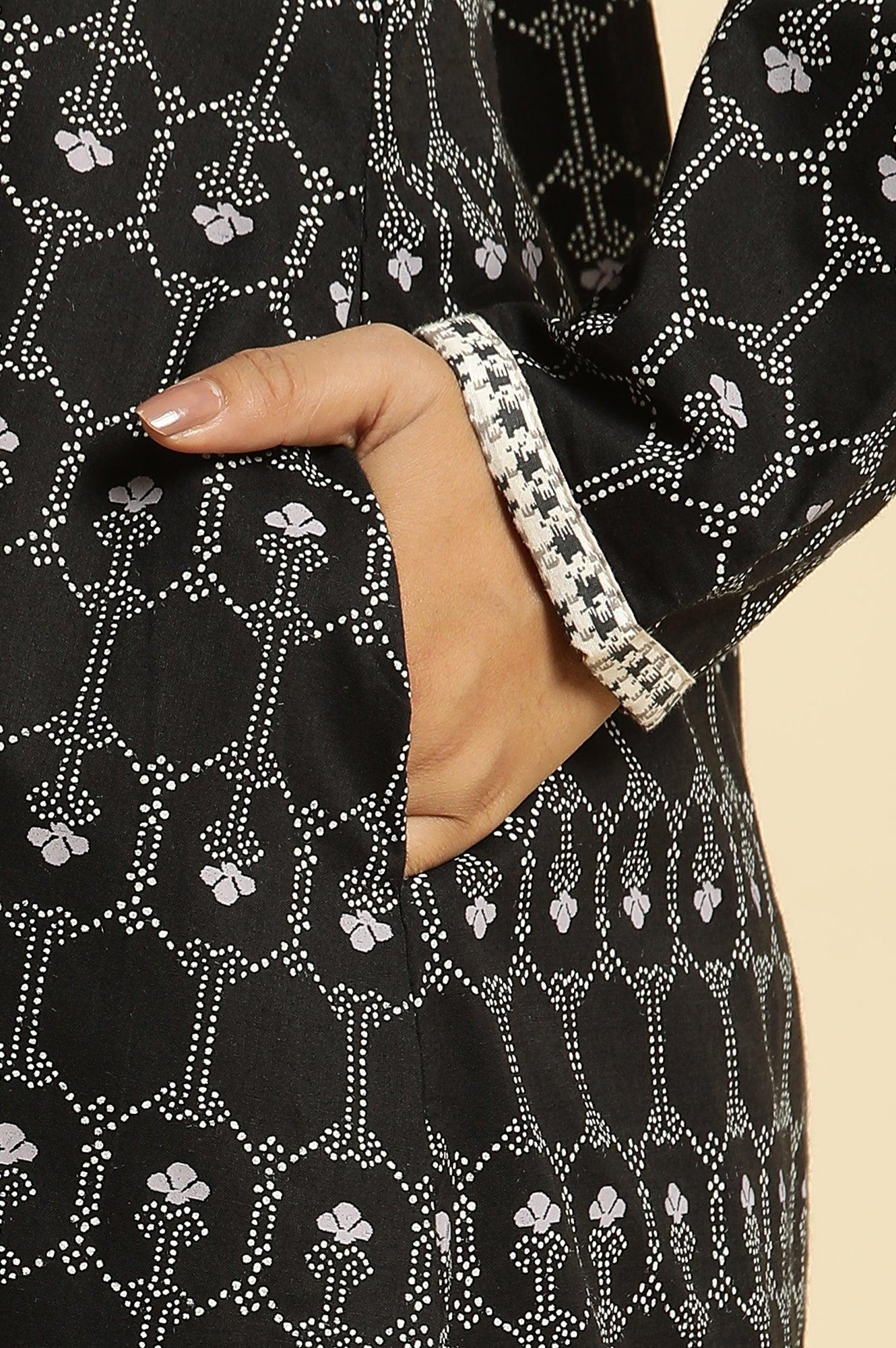 Black Reversible Front Open Jacket In White Print - wforwoman