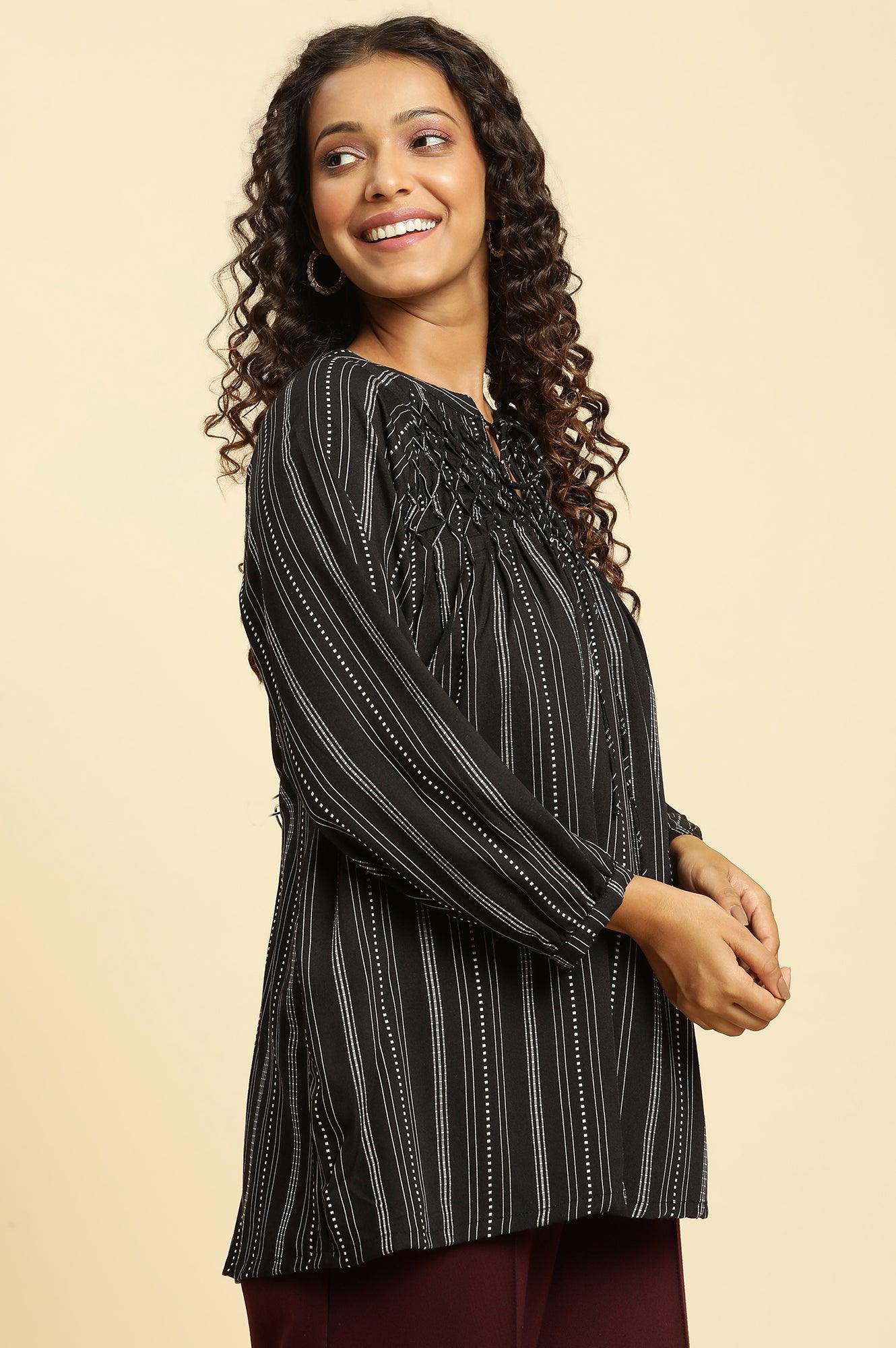 Black Smocked Stripe Western Top - wforwoman