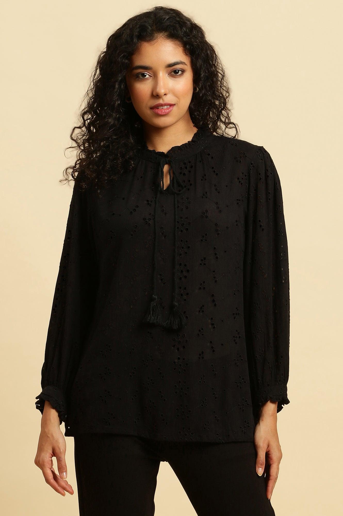 Black Schiffli Western Top With Neck Tie Up - wforwoman