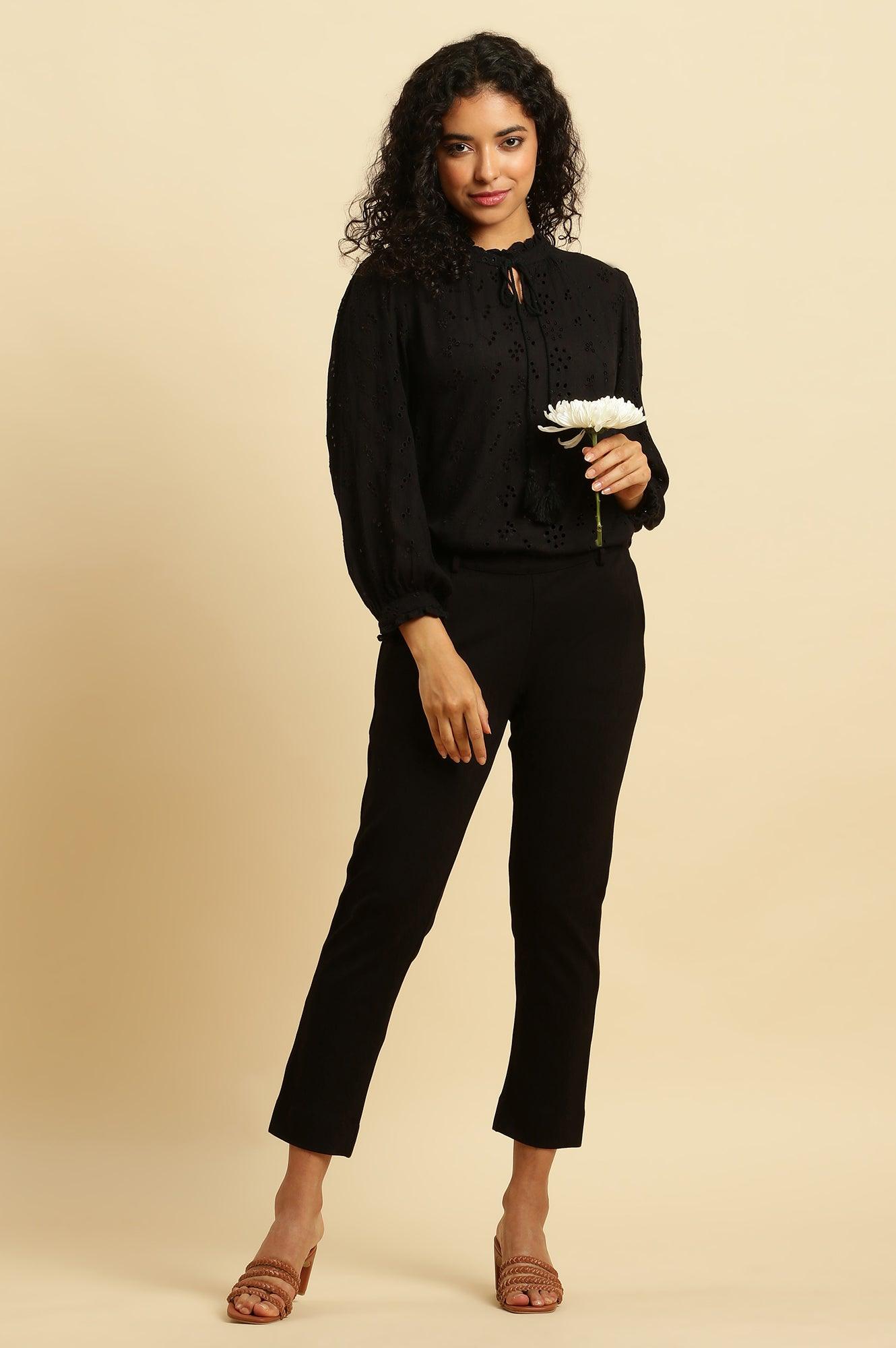 Black Schiffli Western Top With Neck Tie Up - wforwoman