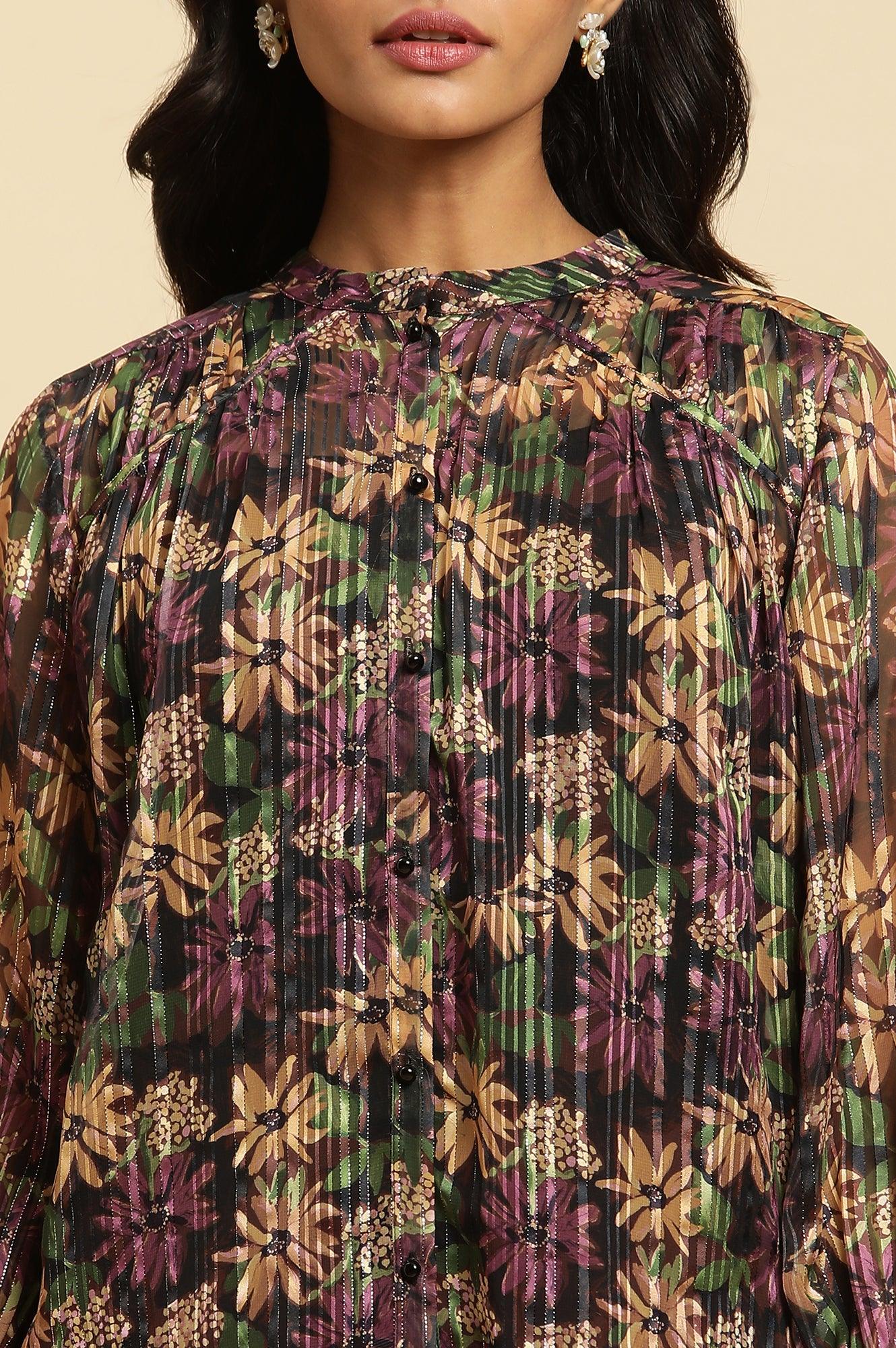 Purple Floral Printed Chiffon Lurex Top - wforwoman