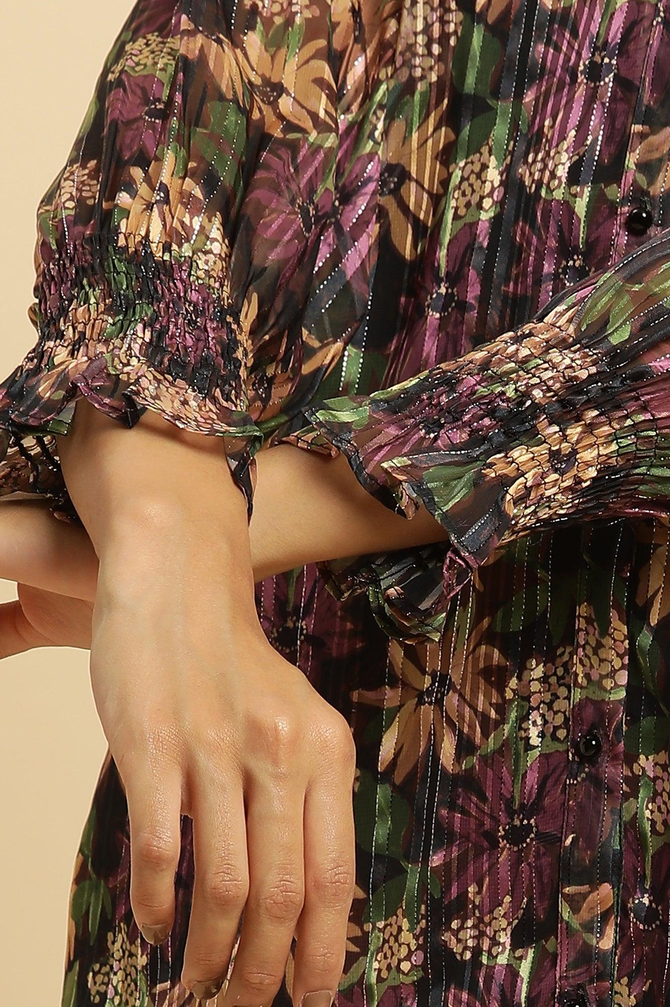 Purple Floral Printed Chiffon Lurex Top - wforwoman