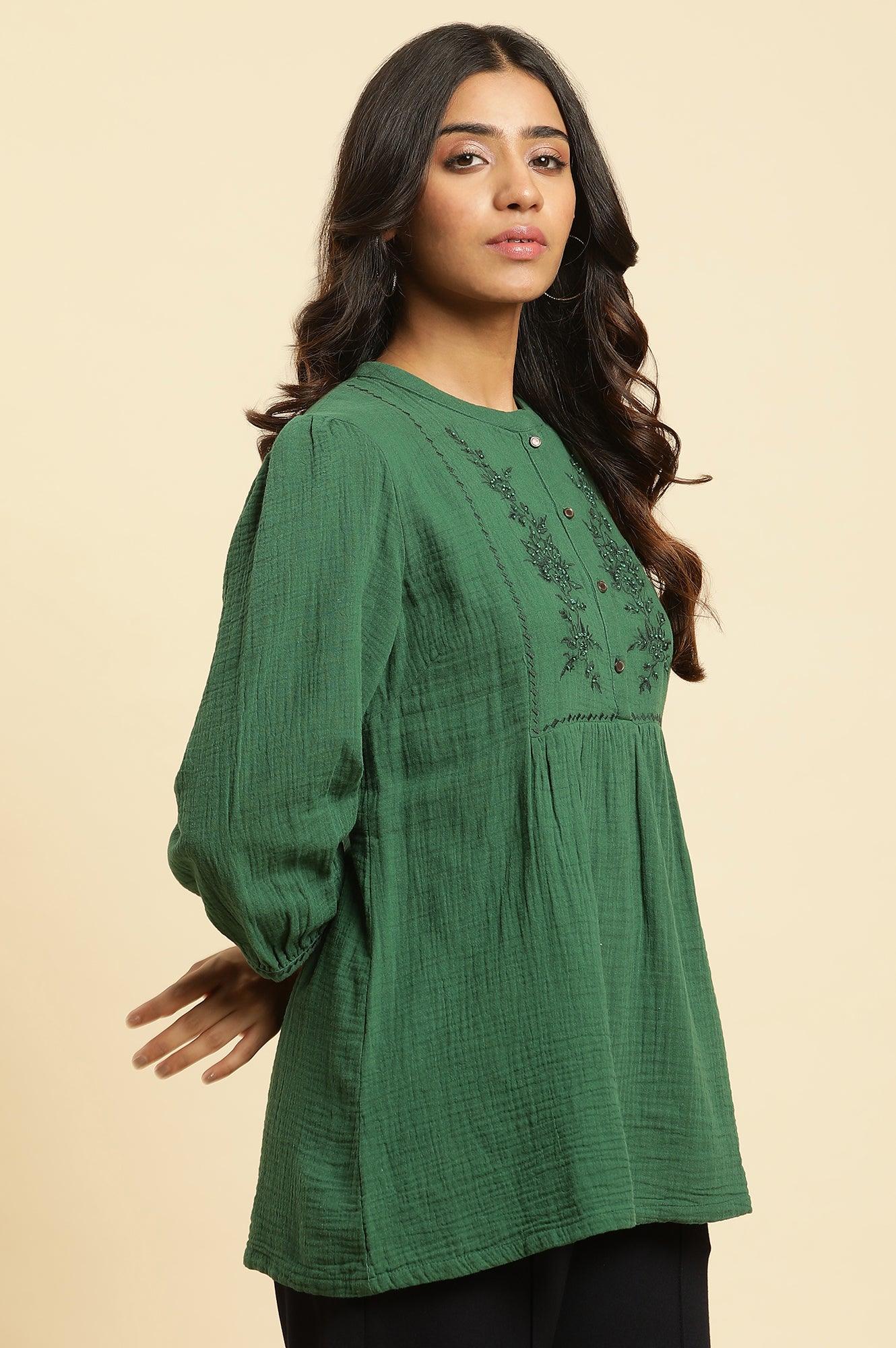 Dark Green Embroidered Western Top - wforwoman