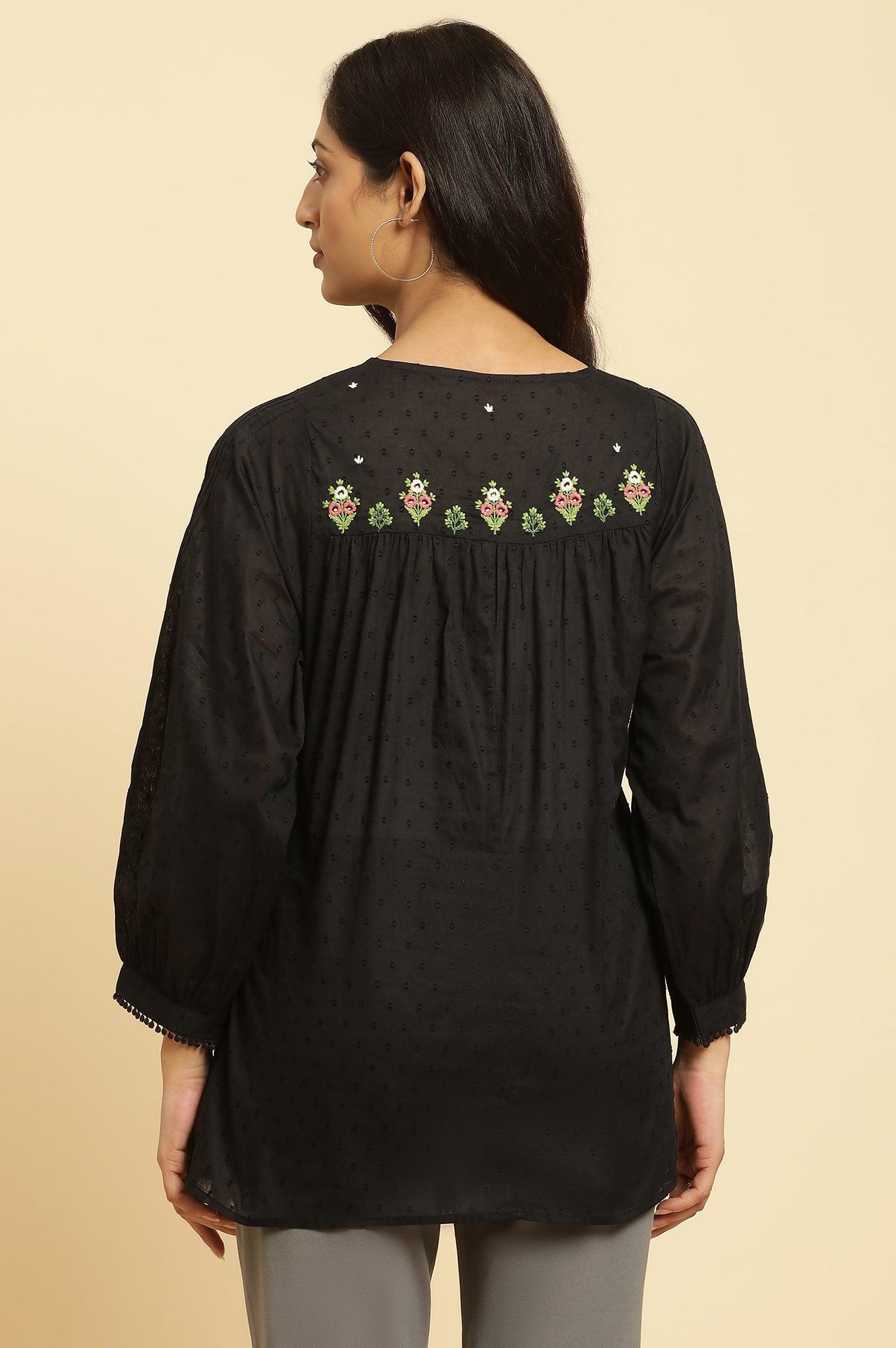 Black Floral Embroidered Western Top - wforwoman