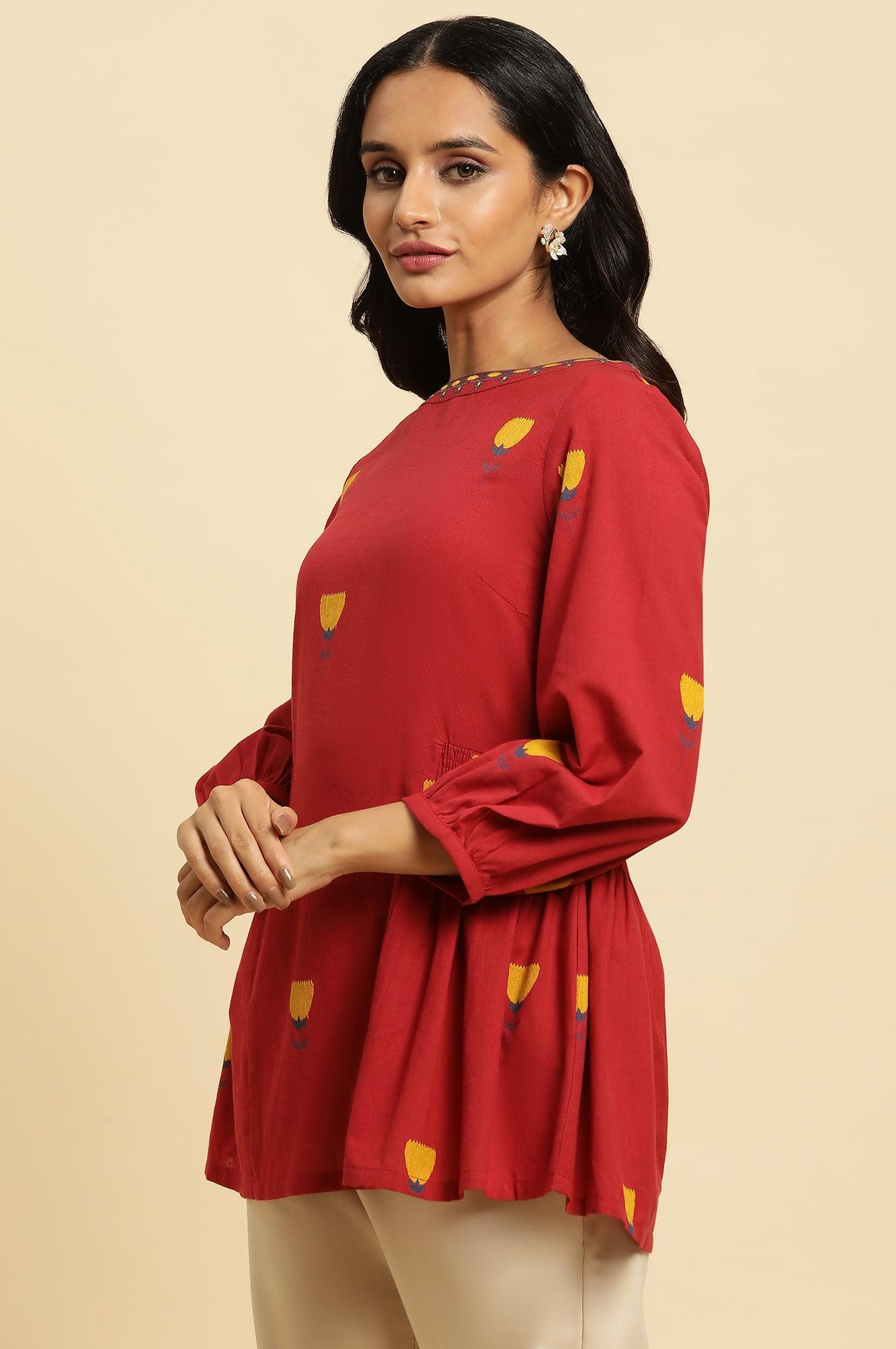 Red Yarn Dye Top With Smocking - wforwoman