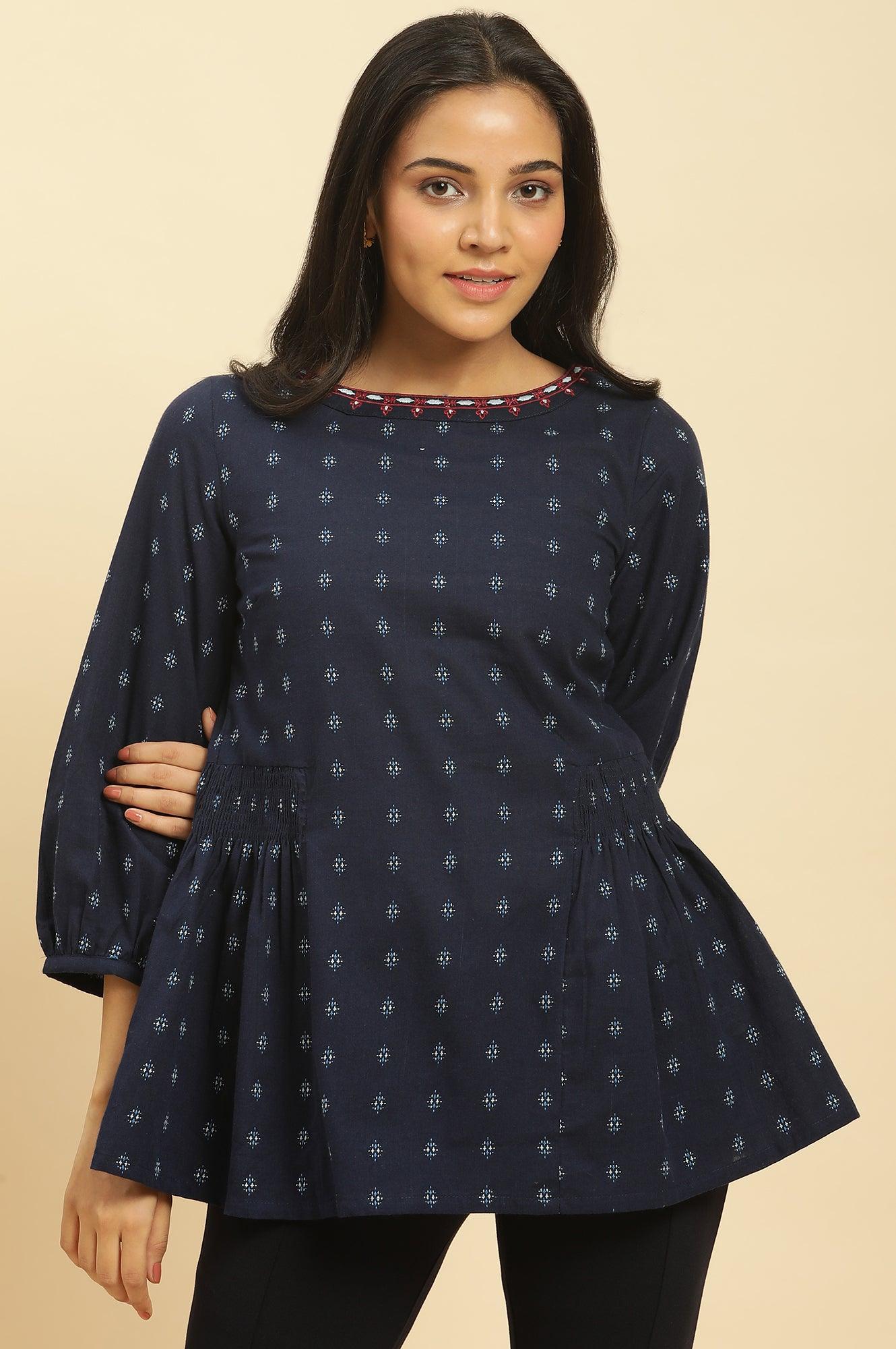 Blue Yarn Dye Top With Smocking - wforwoman