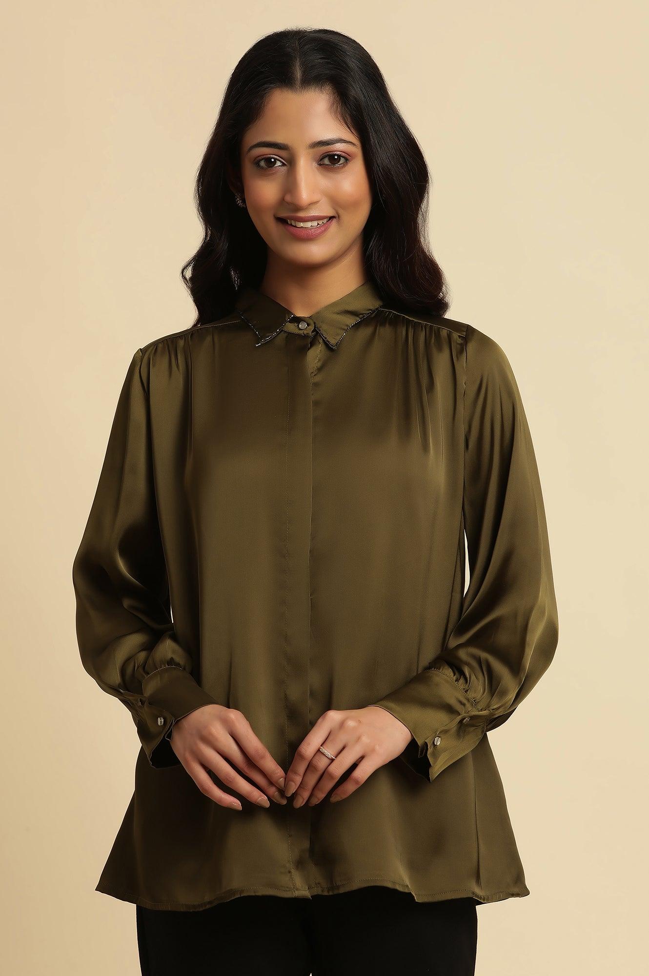 Olive Green Modal Satin Embellished Shirt - wforwoman