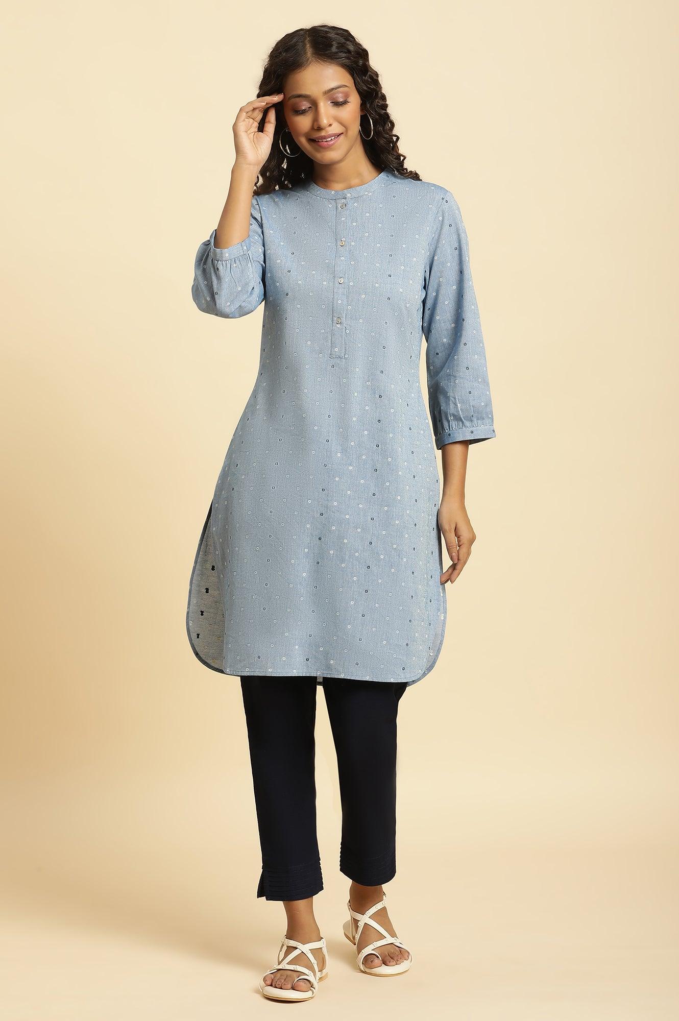 Blue Yarn Dyed Polka Dot Tunics - wforwoman