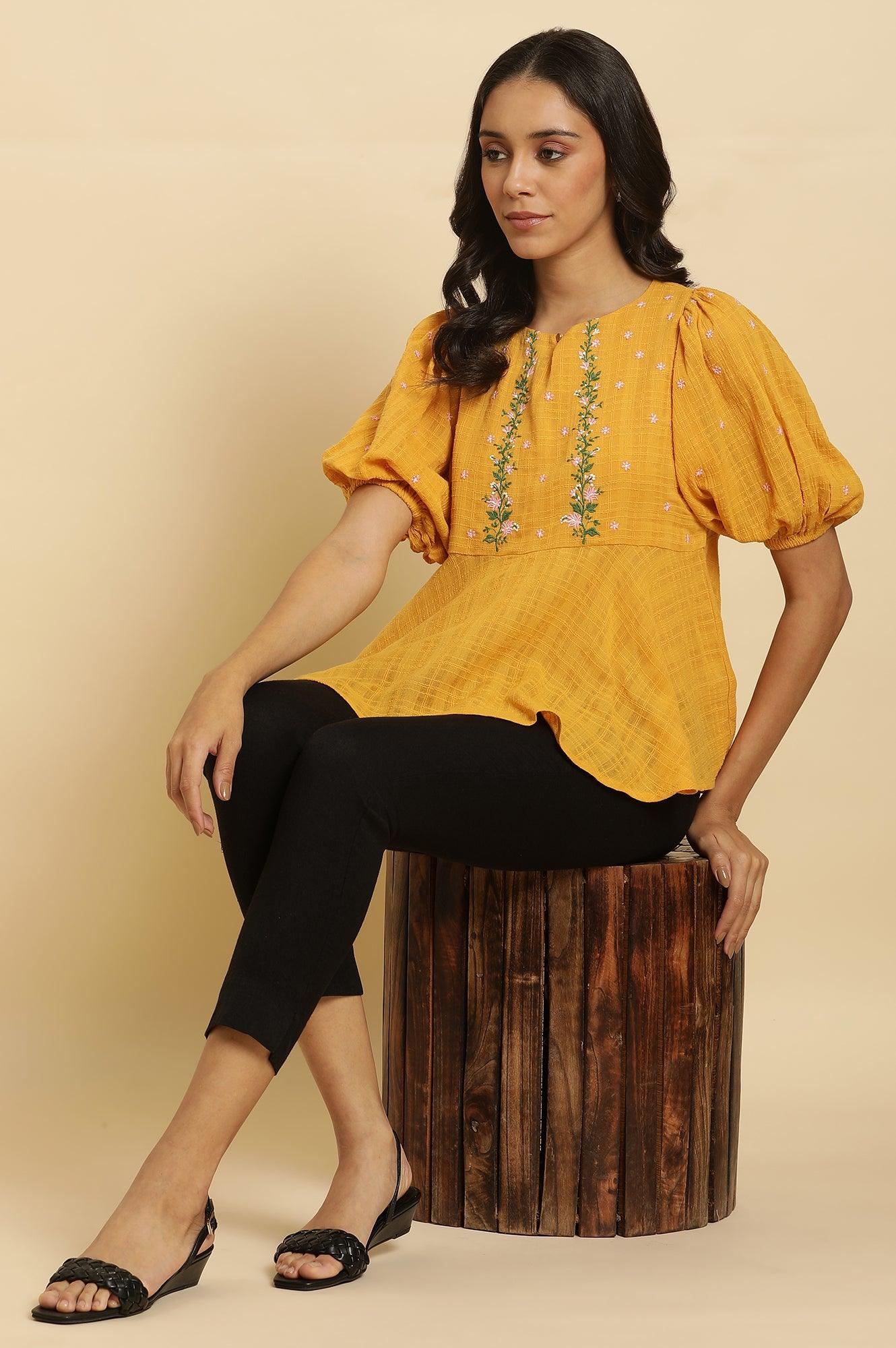 Yellow Peplum Top With Embroidered Yoke - wforwoman