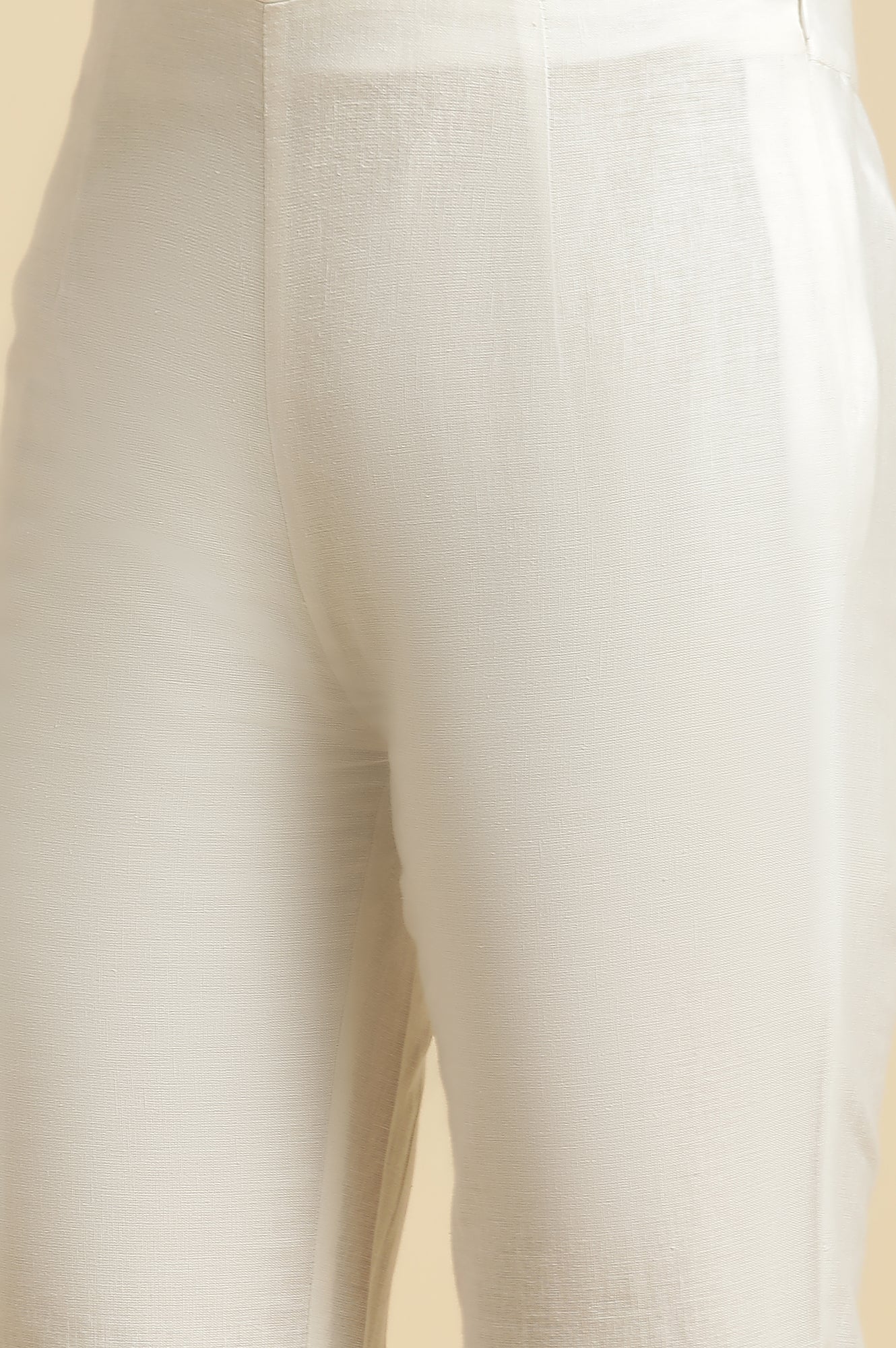White Solid Floral Lace Trim Straight Cotton Slim Pant
