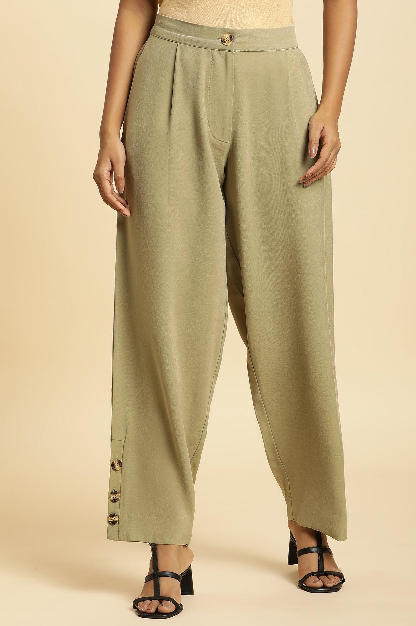 Green Taper Pleated Trouser With Buttom On Hemline - wforwoman