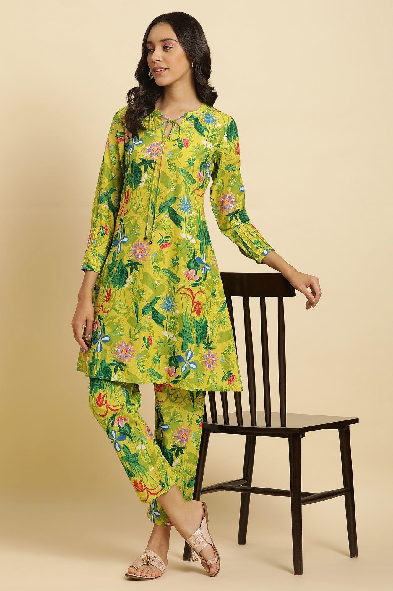 Green Floral Printed A-Line Kurta & Pants Co-Ord Set - wforwoman