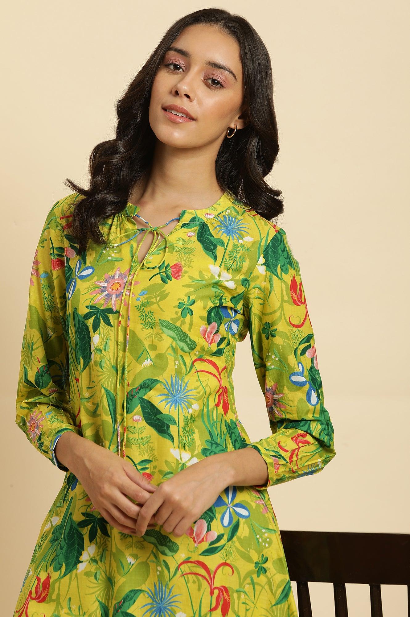 Green Floral Printed A-Line Kurta & Pants Co-Ord Set - wforwoman