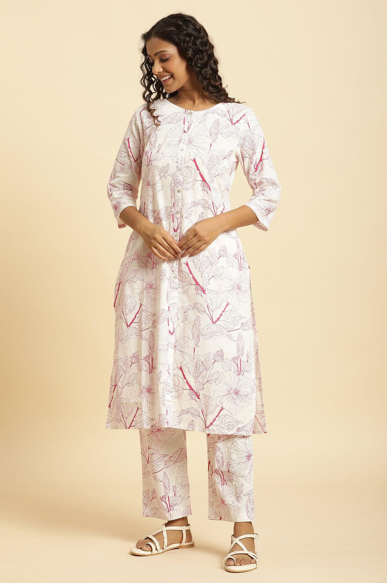 White Floral Printed Kurta And Pants Co-Ord Set - wforwoman