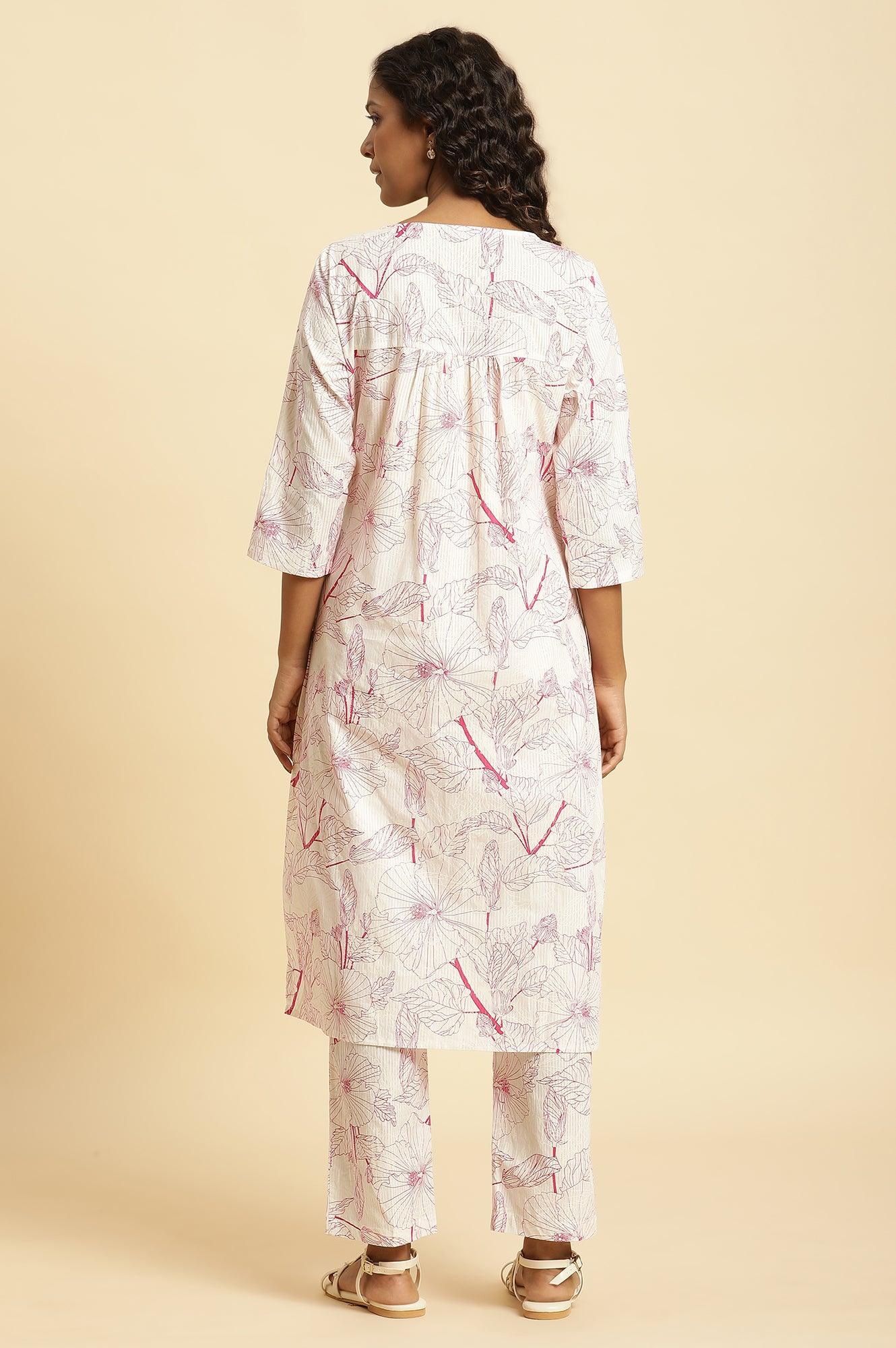 White Floral Printed Kurta And Pants Co-Ord Set - wforwoman