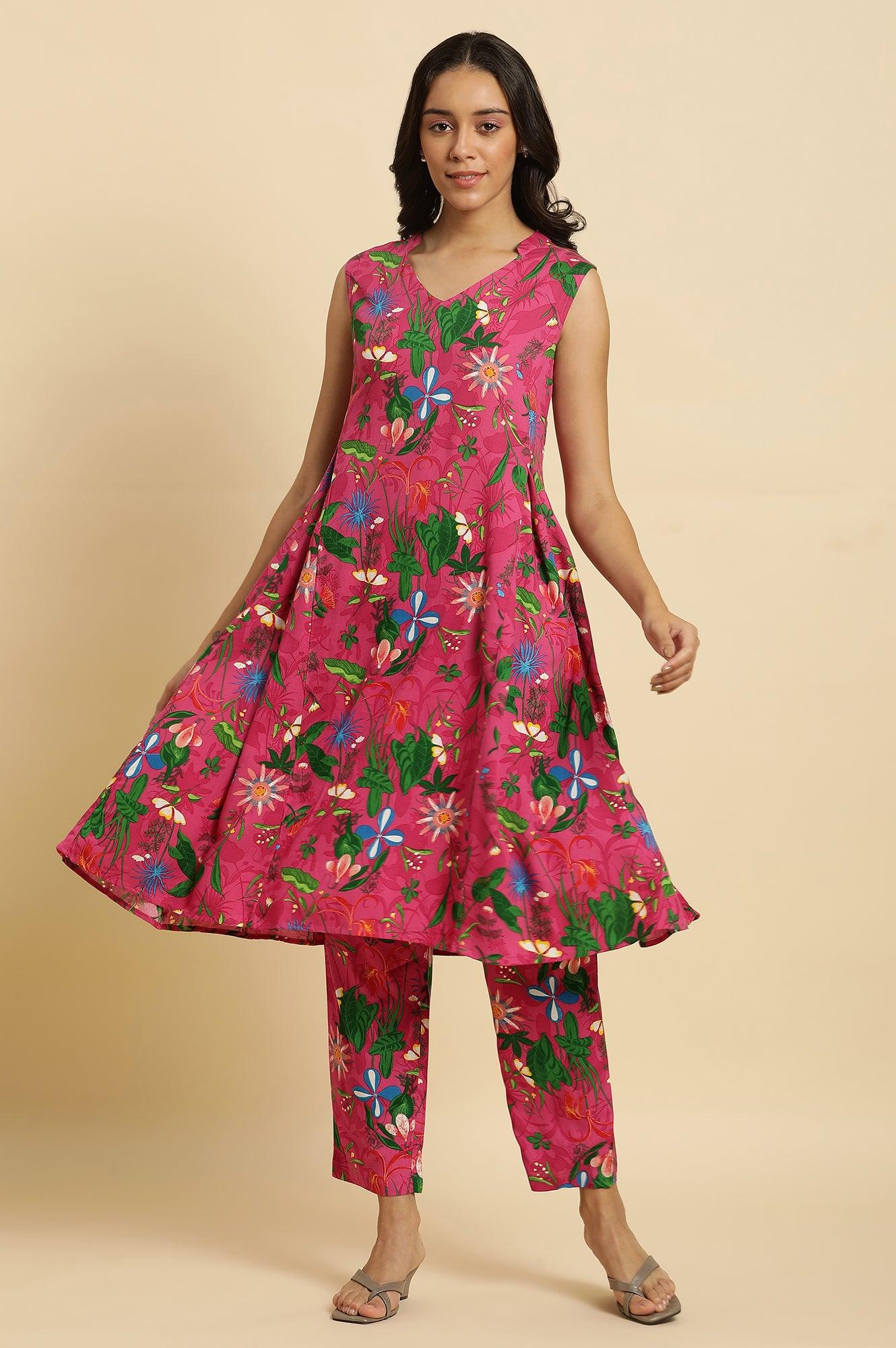 Pink Floral Printed Sleeveless Kurta & Pants Co-Ord Set - wforwoman