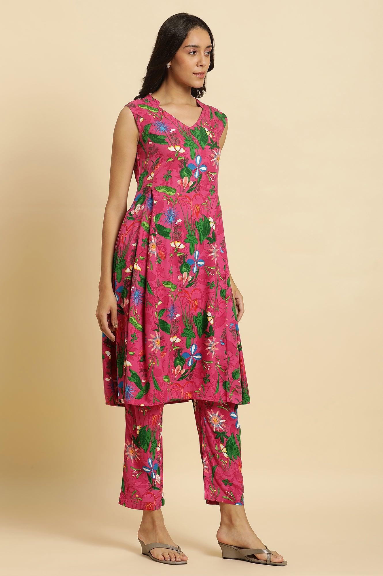 Pink Floral Printed Sleeveless Kurta & Pants Co-Ord Set - wforwoman
