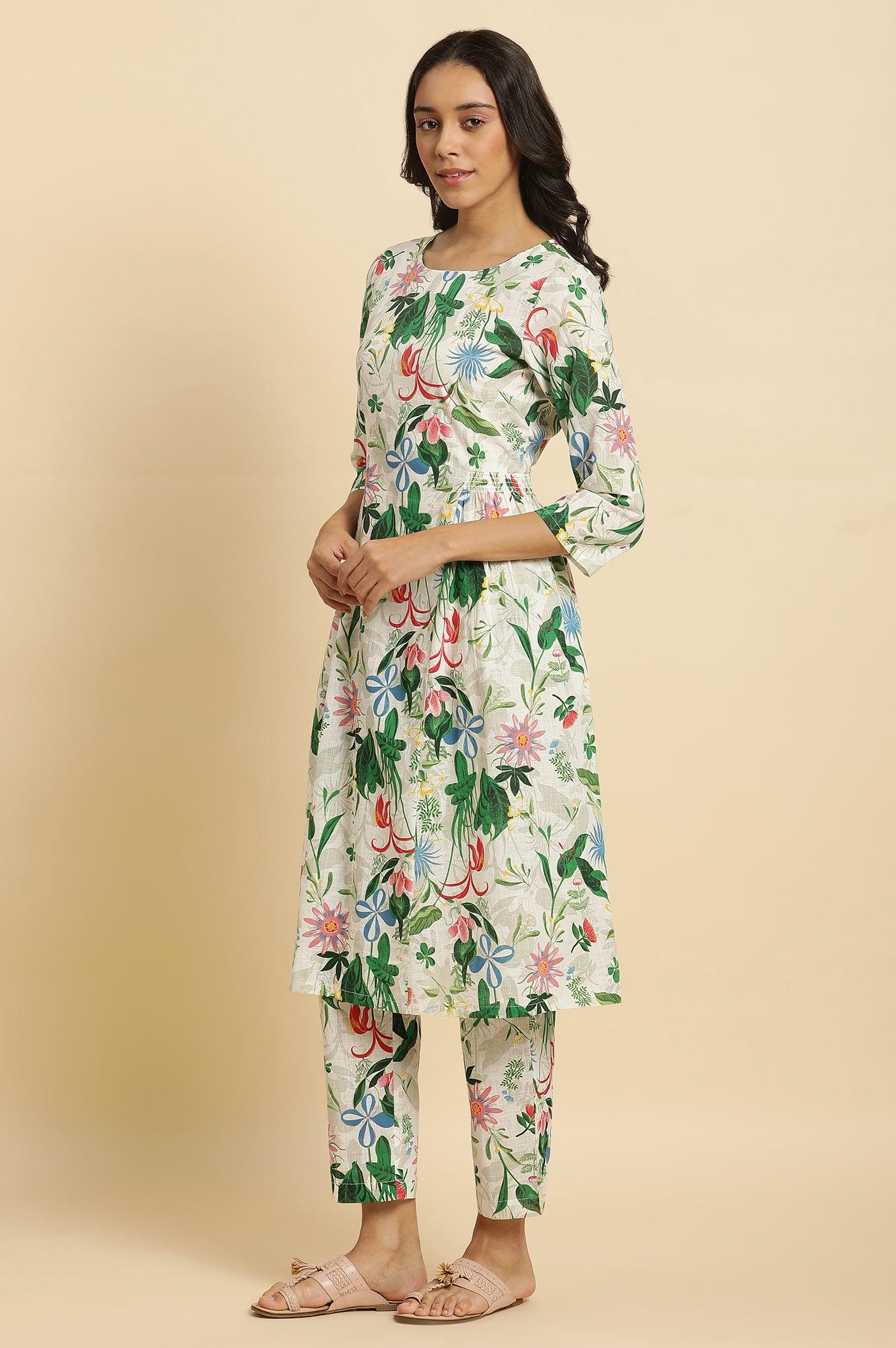 White Floral Printed A-Line Kurta And Pants Co-Ord Set - wforwoman