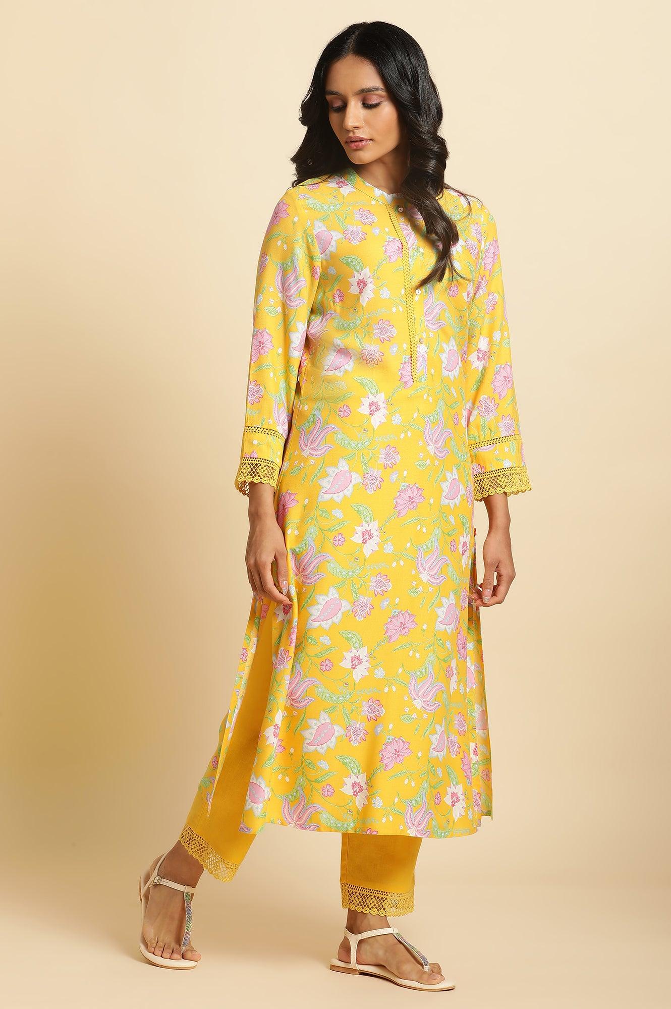Bright Yellow Floral Printed Kurta & Pants Set - wforwoman