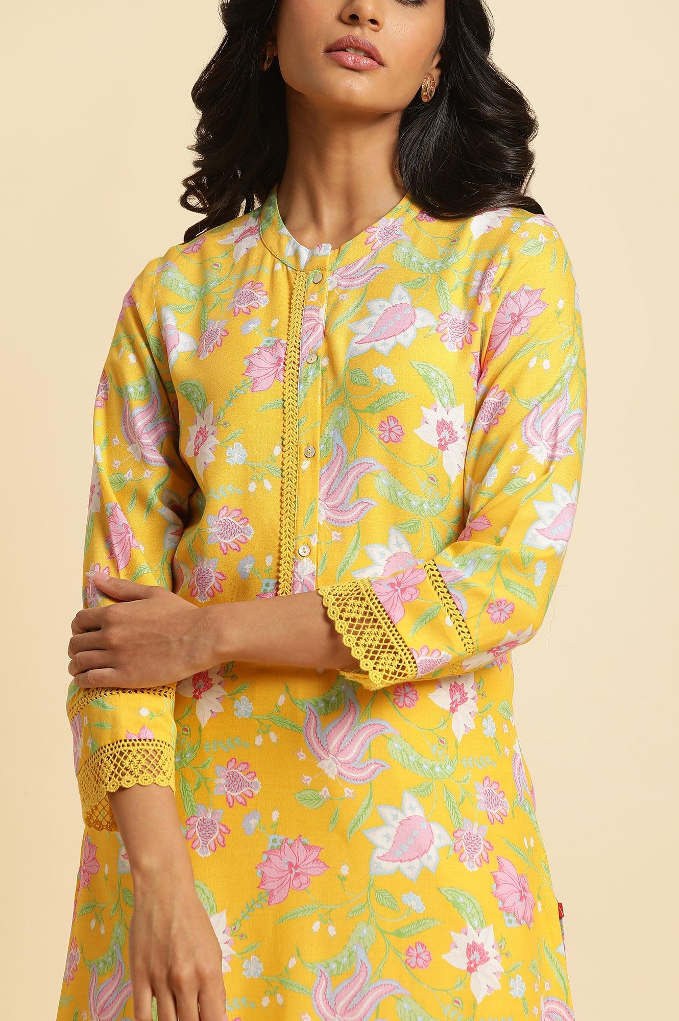 Bright Yellow Floral Printed Kurta & Pants Set - wforwoman