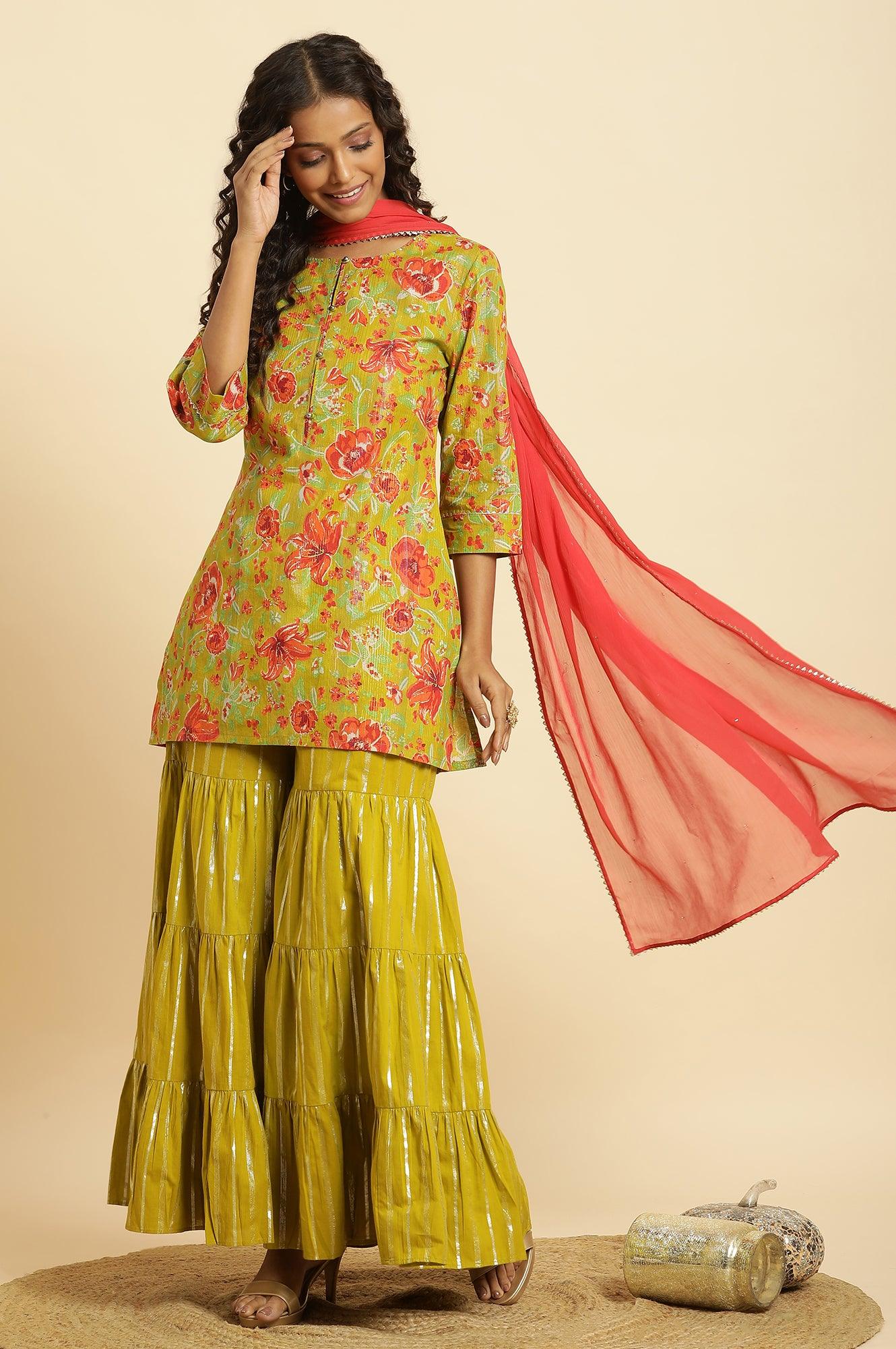 Green Floral Printed Short Kurta, Sharara And Dupatta Set - wforwoman