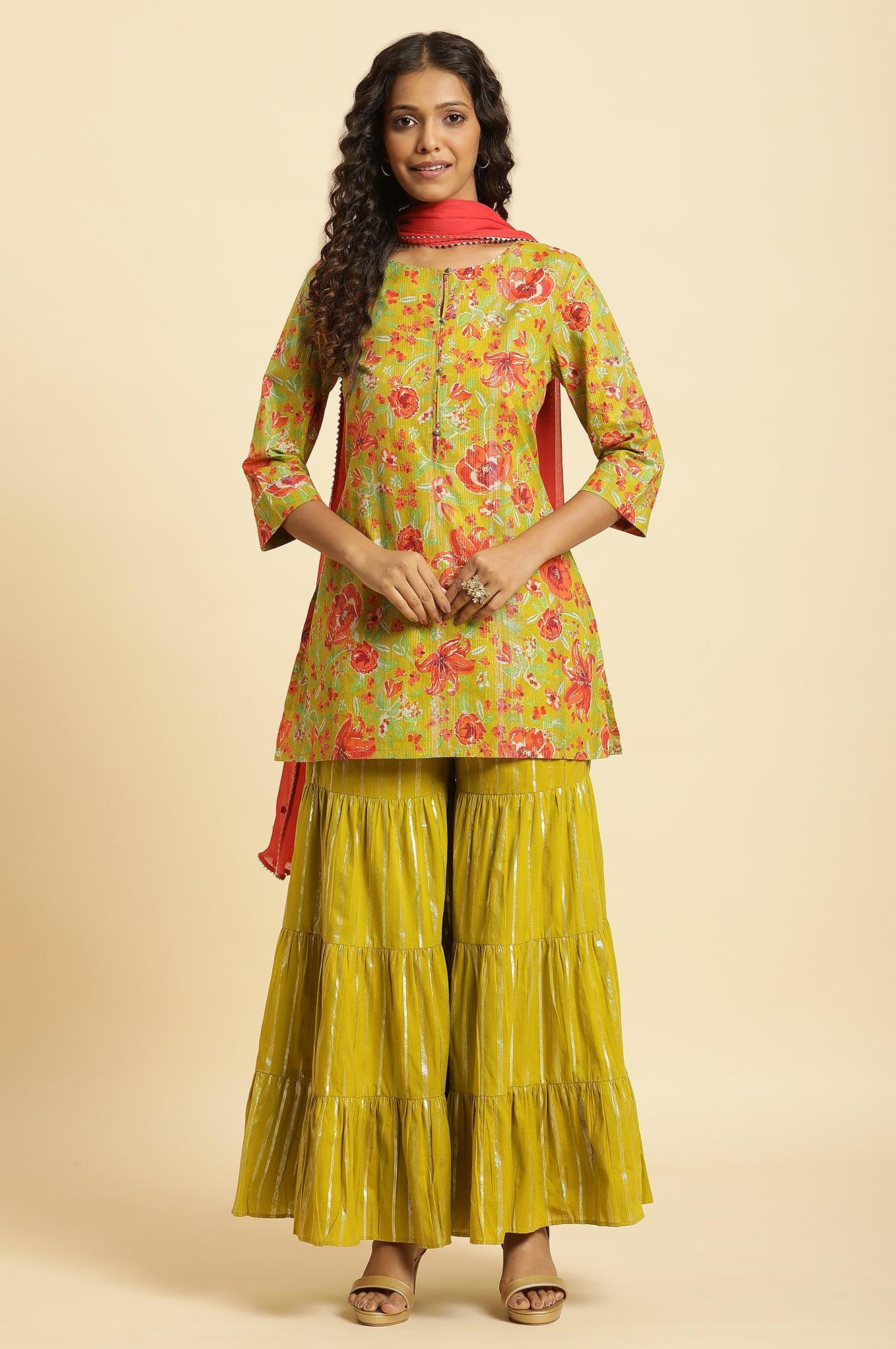 Green Floral Printed Short Kurta, Sharara And Dupatta Set - wforwoman