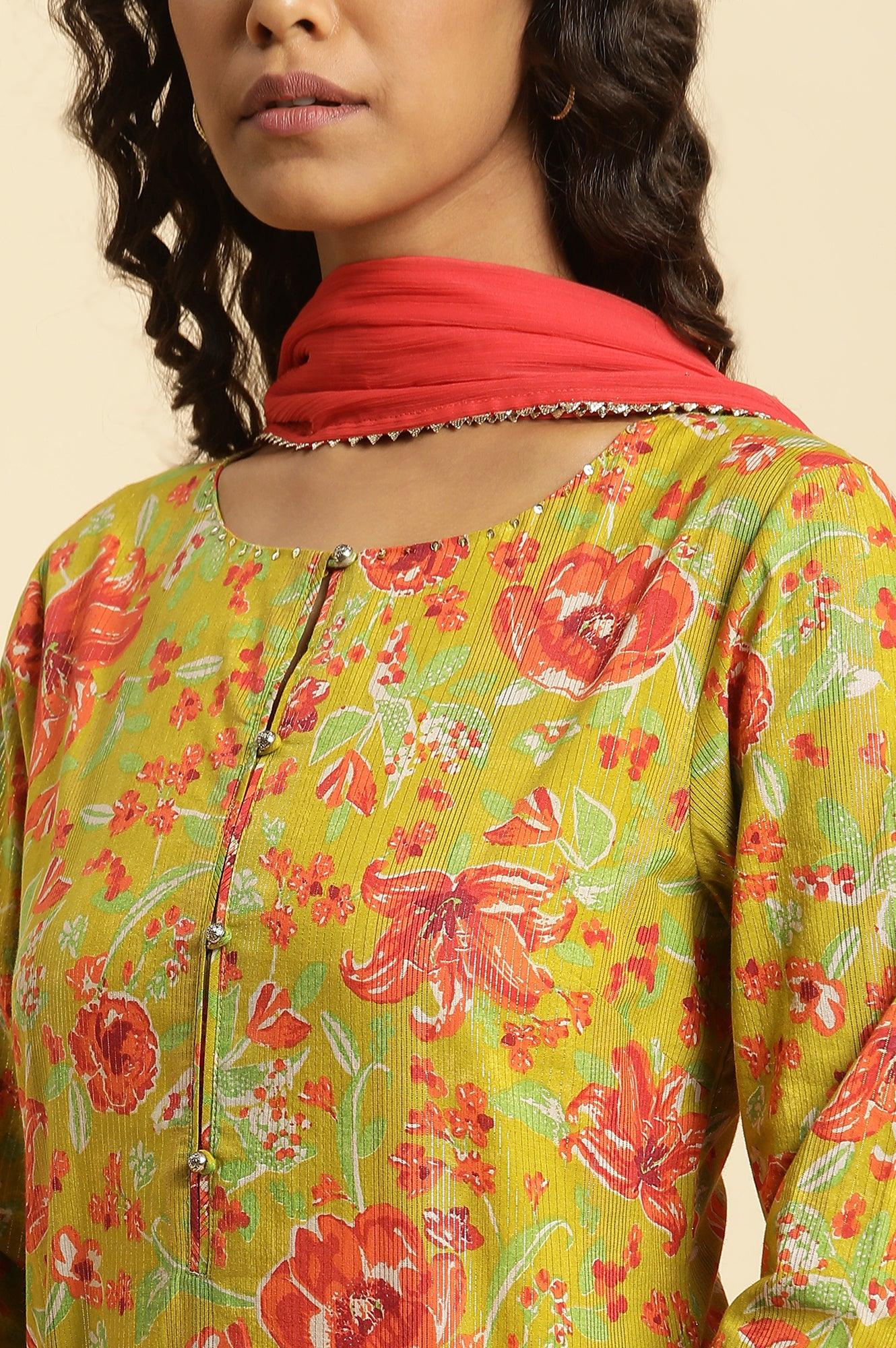 Green Floral Printed Short Kurta, Sharara And Dupatta Set - wforwoman