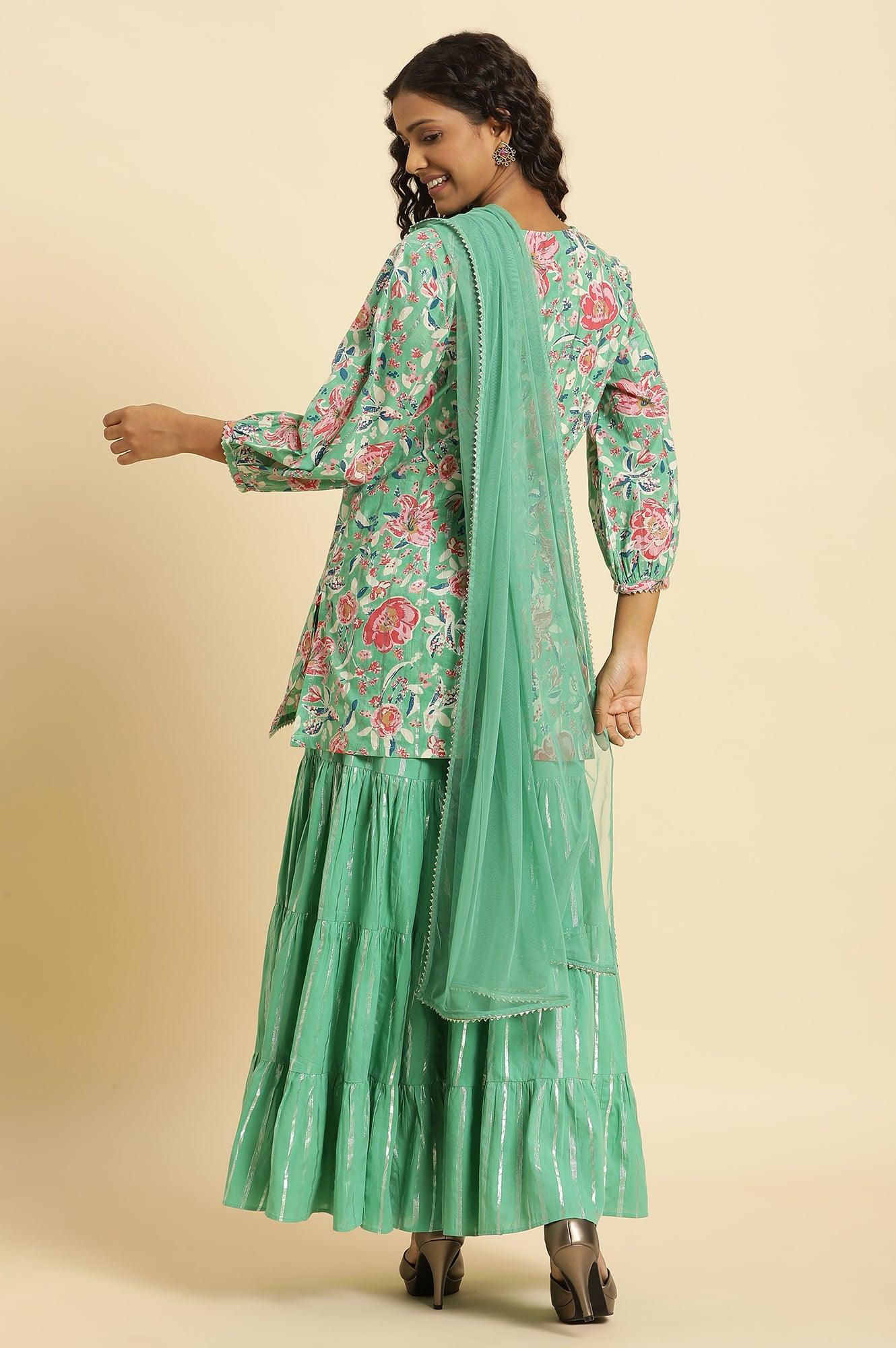 Mint Green Printed Short Kurta, Tiered Sharara And Dupatta - wforwoman