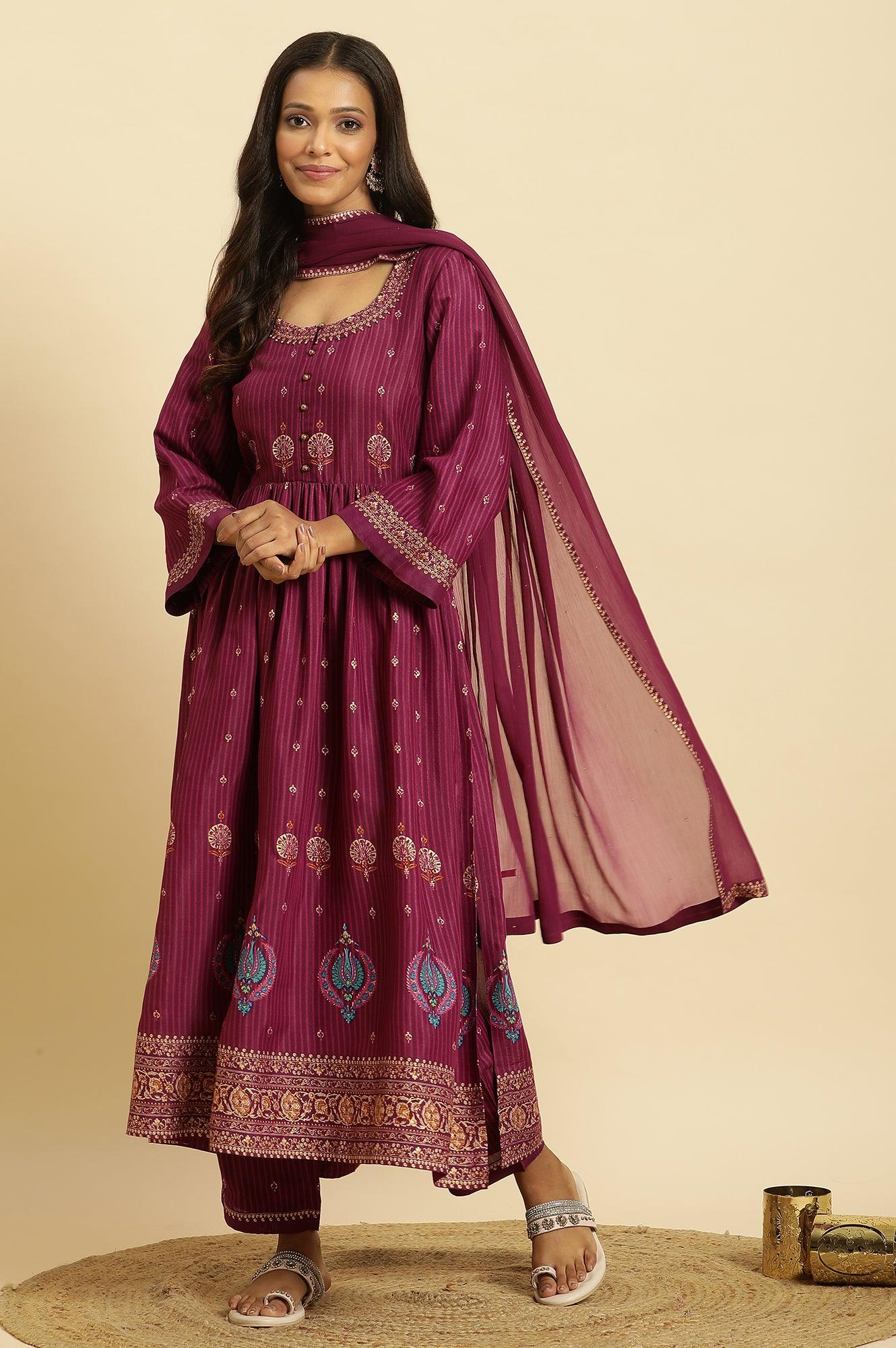 Purple Embellished Kurta, Pants And Dupatta Set - wforwoman