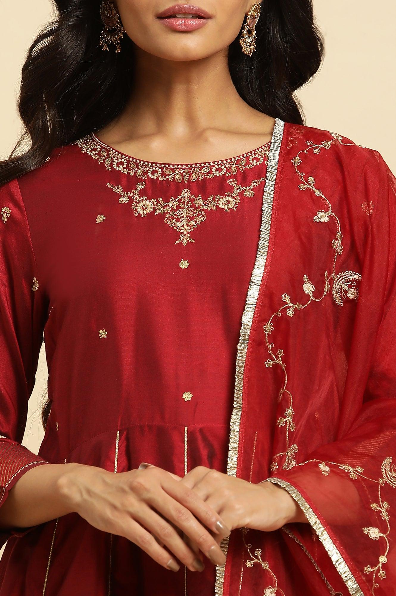 Dark Red Zari Embroidered Festive Kurta, Pant And Dupatta Set - wforwoman