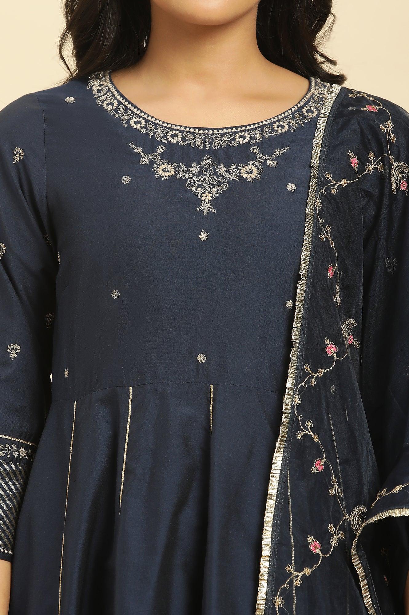 Dark Blue Zari Embroidered Festive Kurta, Pants And Dupatta Set - wforwoman