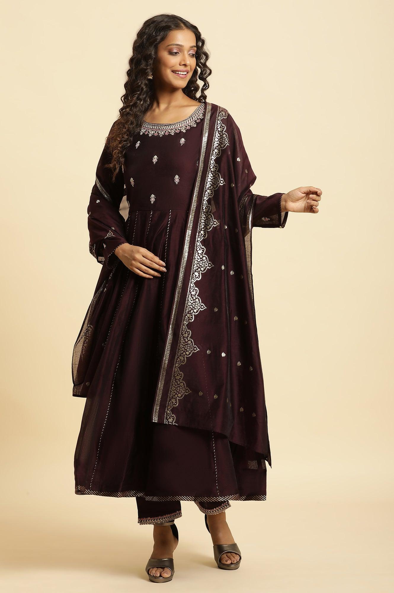 Purple Flared Embroidered Kurta, Pants And Dupatta Set - wforwoman