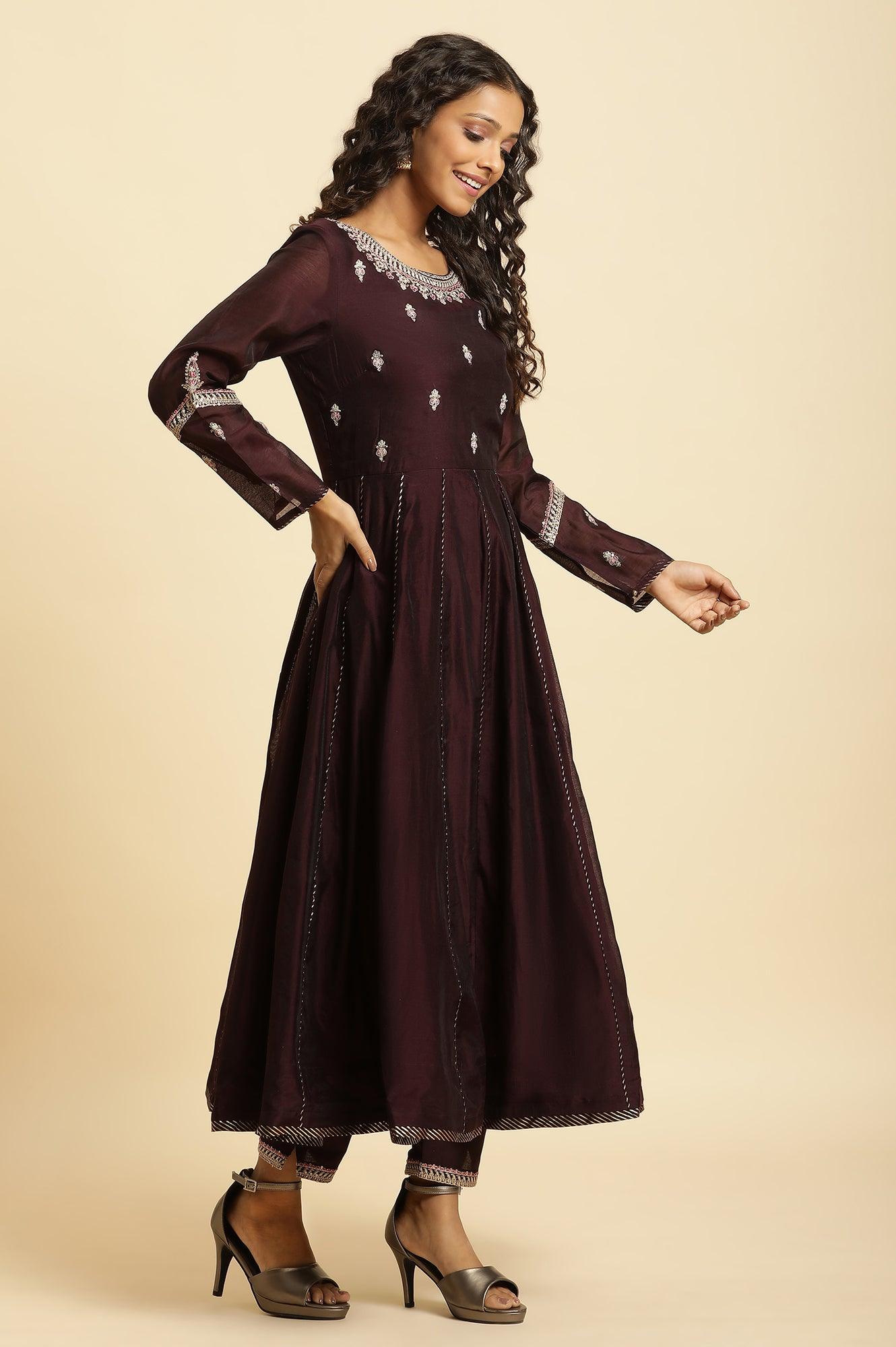 Purple Flared Embroidered Kurta, Pants And Dupatta Set - wforwoman