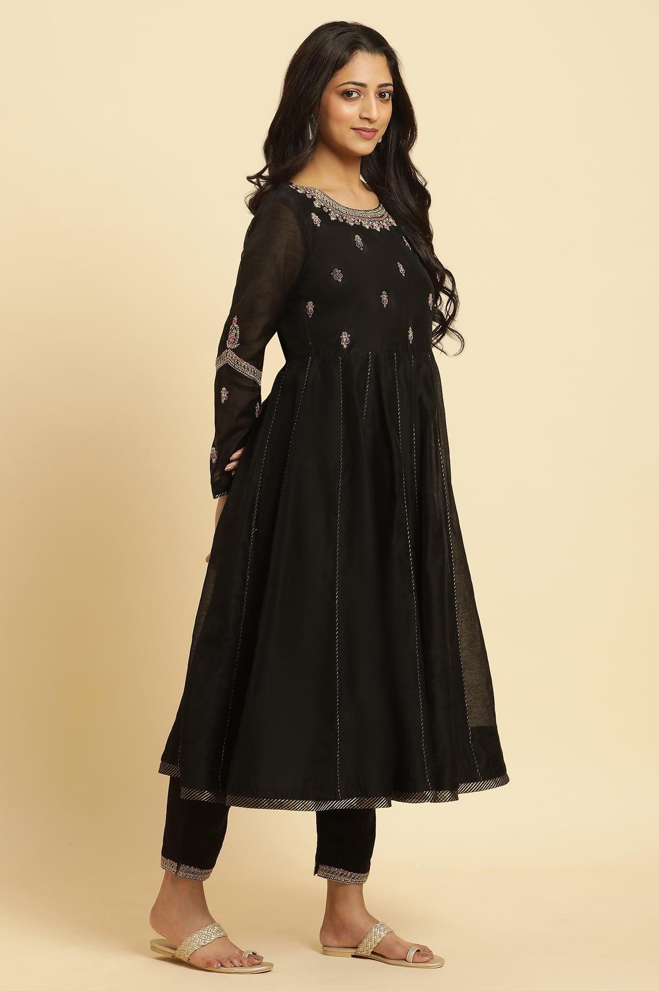 Black Flared Metallic Embroidered Kurta, Pants And Dupatta Set - wforwoman