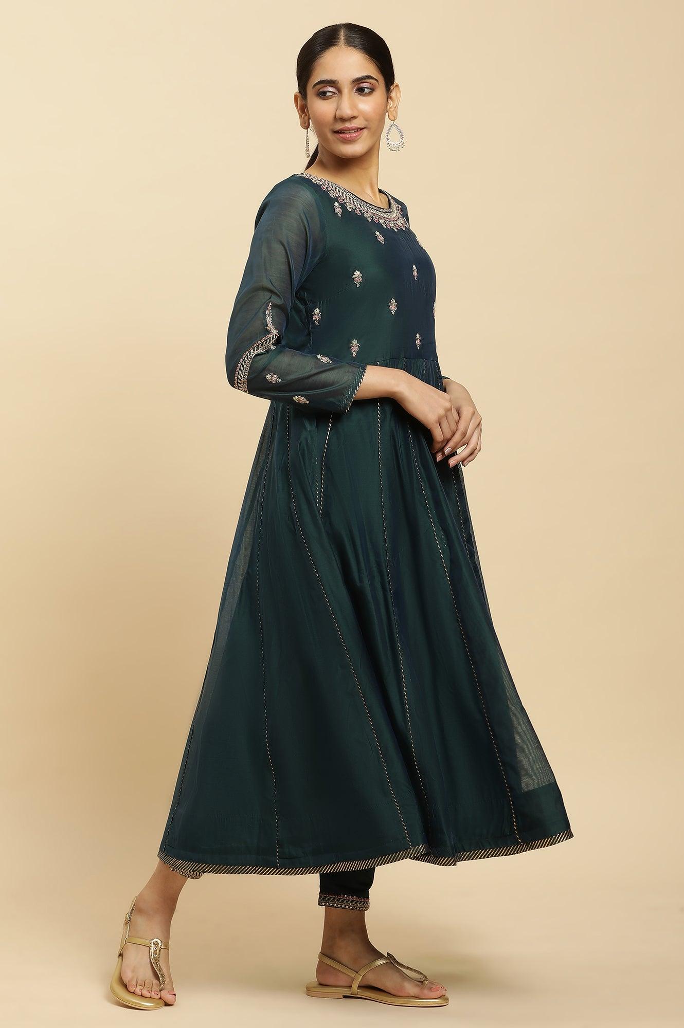 Green Flared Embroidered Kurta, Pants And Dupatta Set - wforwoman