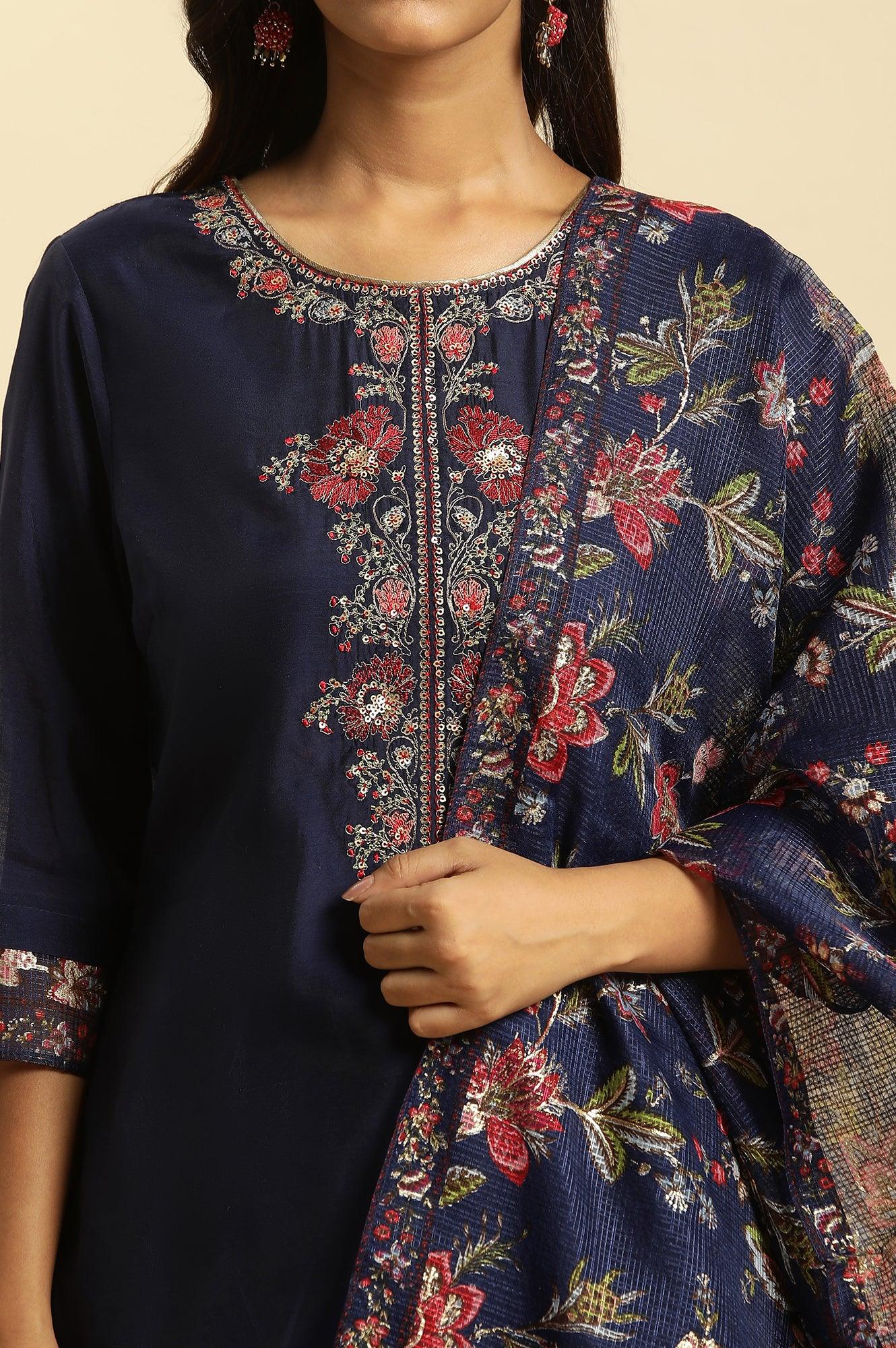 Royal Blue Embroidered Kurta, Pants And Dupatta Set - wforwoman