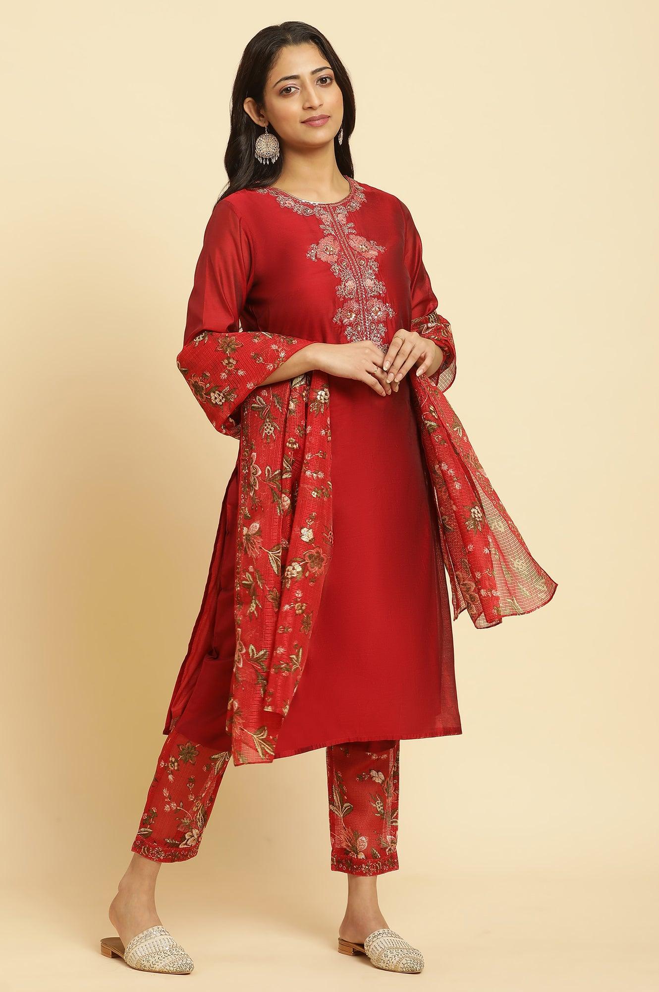 Red Chanderi Kurta, Pants And Dupatta Festive Set - wforwoman