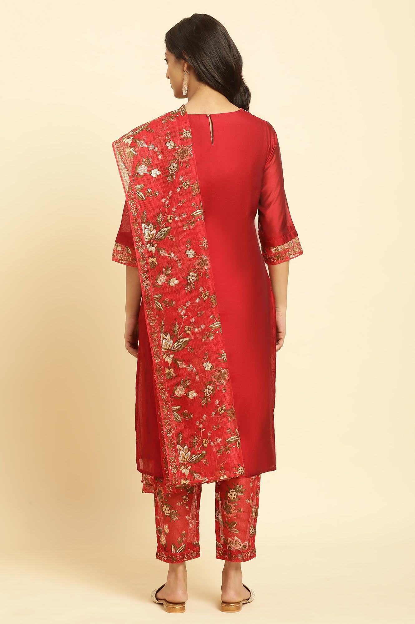 Red Chanderi Kurta, Pants And Dupatta Festive Set - wforwoman