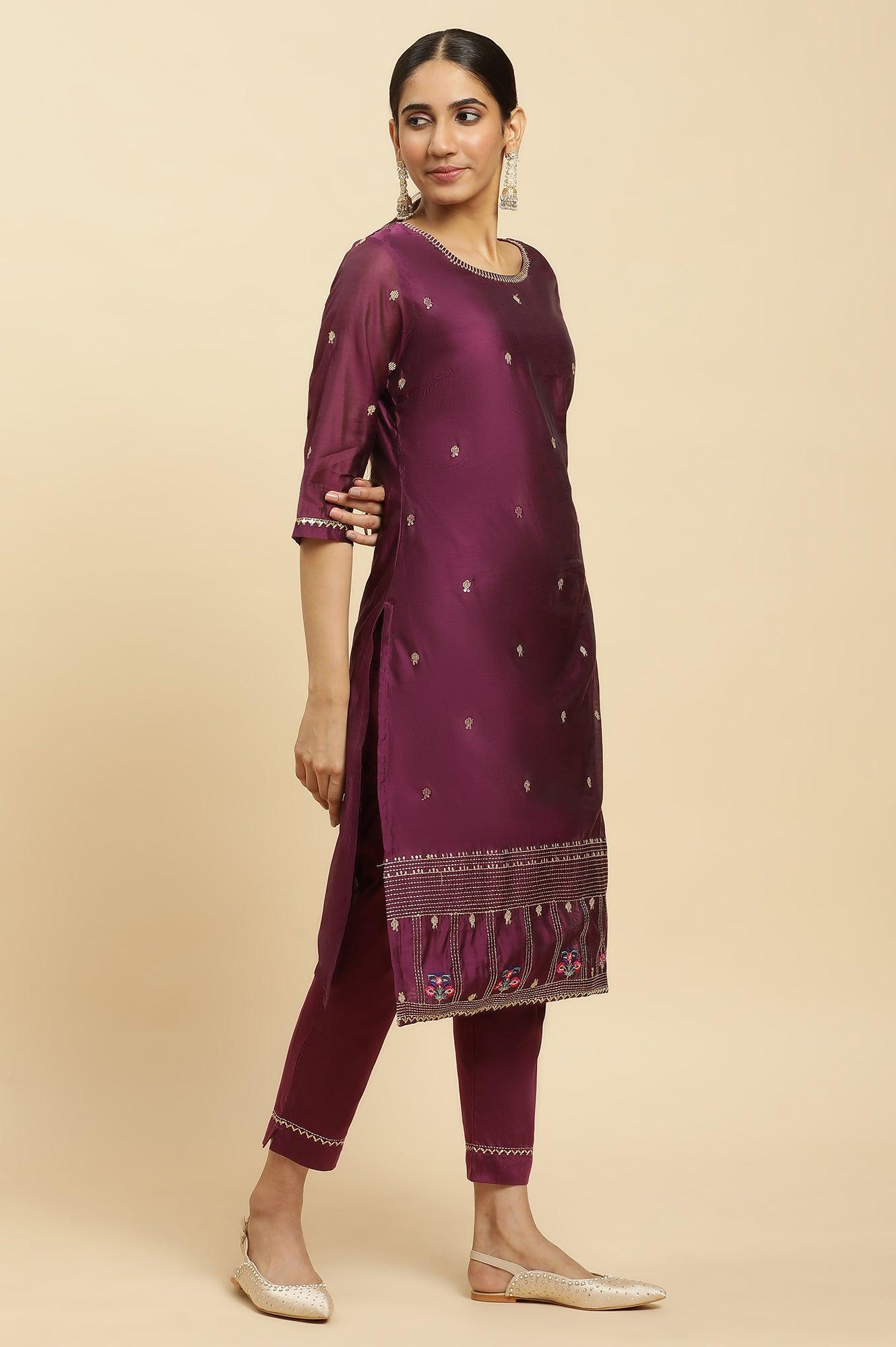Purple Metallic Embroidered Kurta, Pants And Dupatta Set - wforwoman