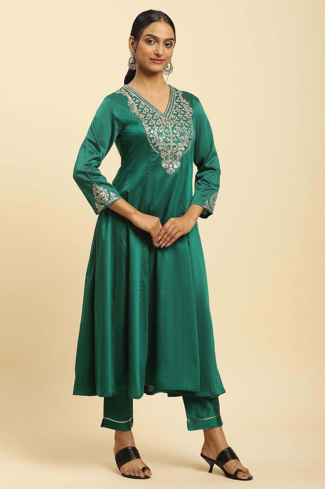 Green Panelled Embroidered Kurta, Slim Pants And Dupatta Set - wforwoman