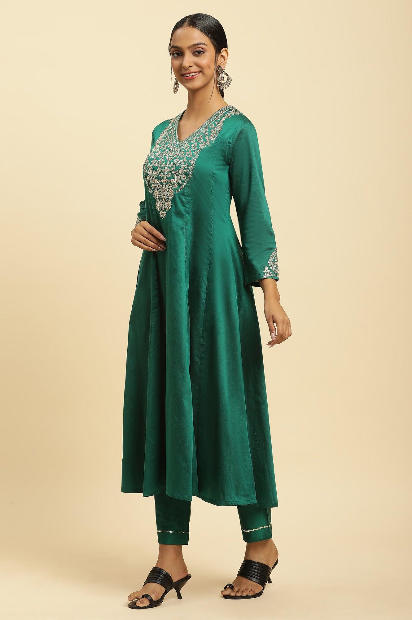 Green Panelled Embroidered Kurta, Slim Pants And Dupatta Set - wforwoman