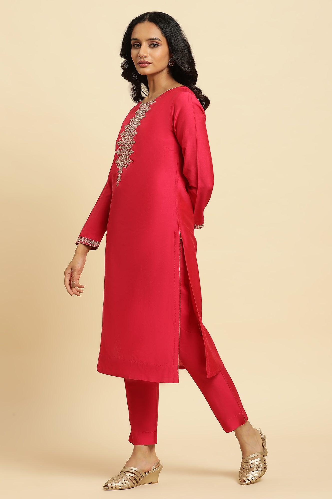 Pink Zari Embroidered Straight Kurta, Pant And Dupatta Set - wforwoman