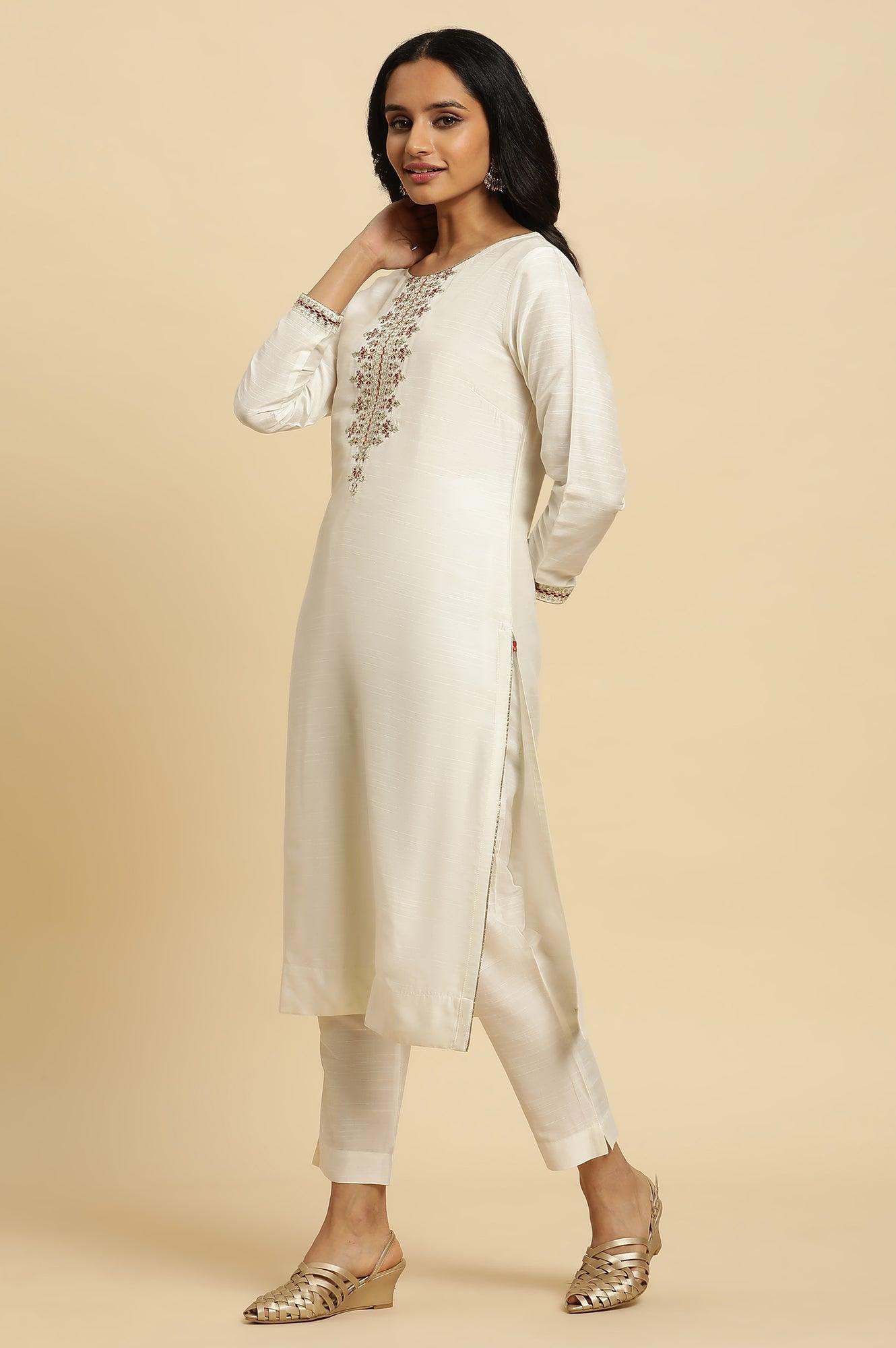 Ivory Zari Embroidered Straight Kurta, Pant And Dupatta Set - wforwoman