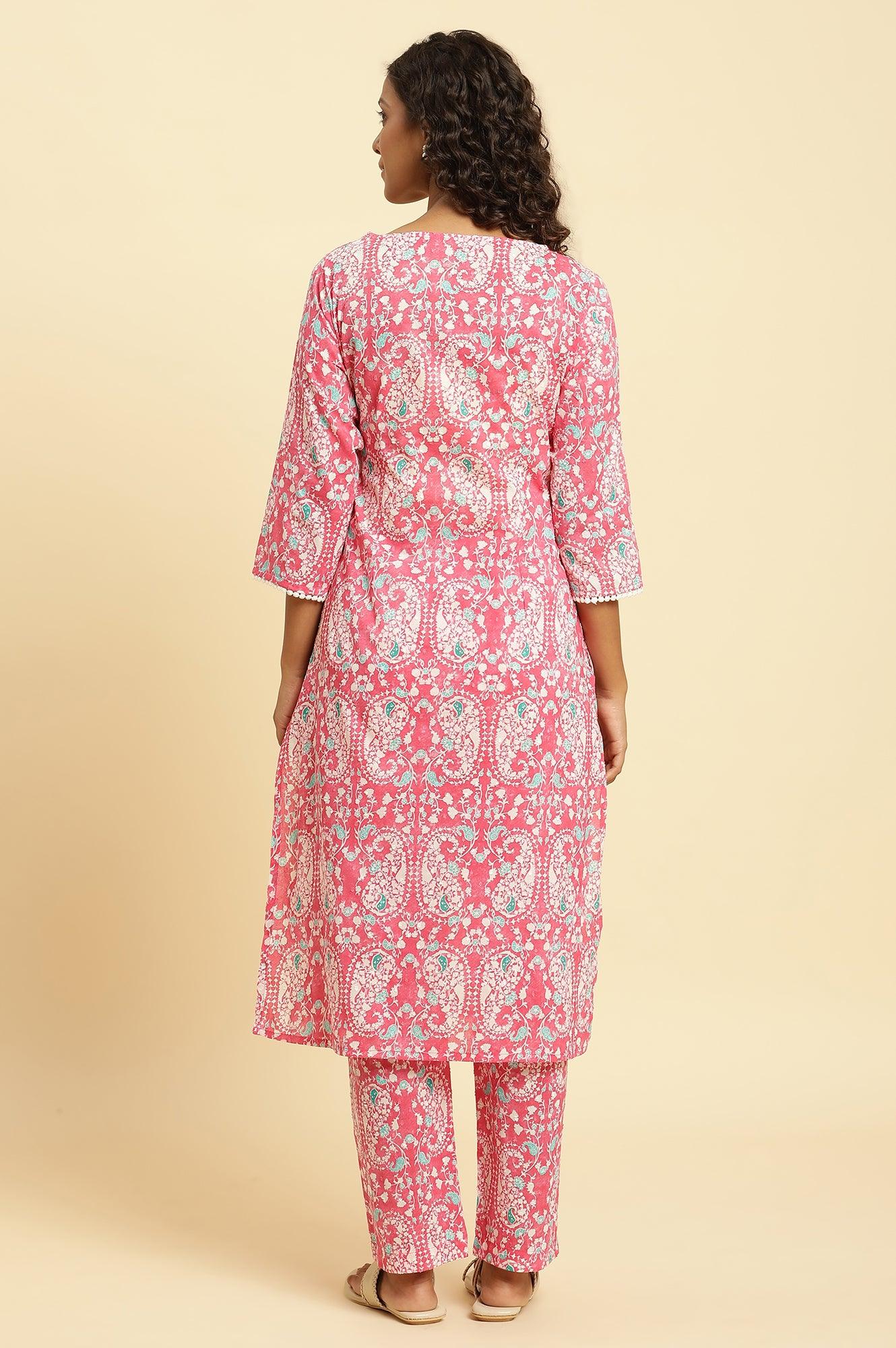 Pink Printed Straight Kurta And Pants Co-Ord Set - wforwoman