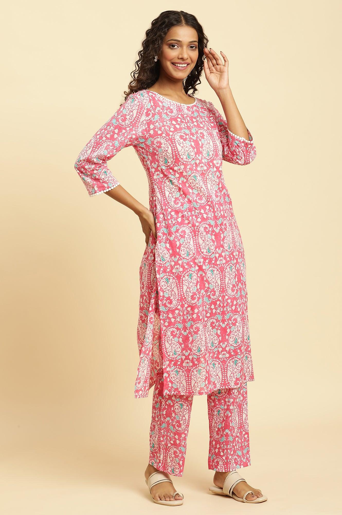 Pink Printed Straight Kurta And Pants Co-Ord Set - wforwoman