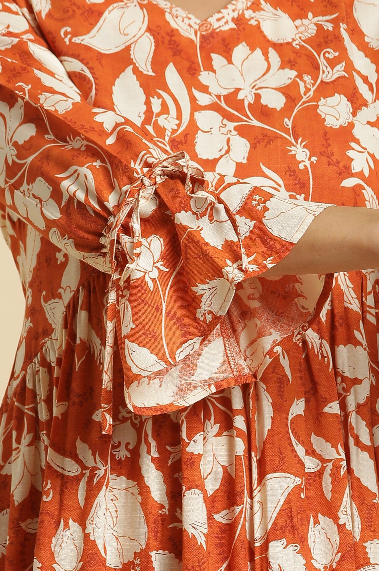 Dark Orange Floral Printed Kurta & Pants Co-Ord Set - wforwoman