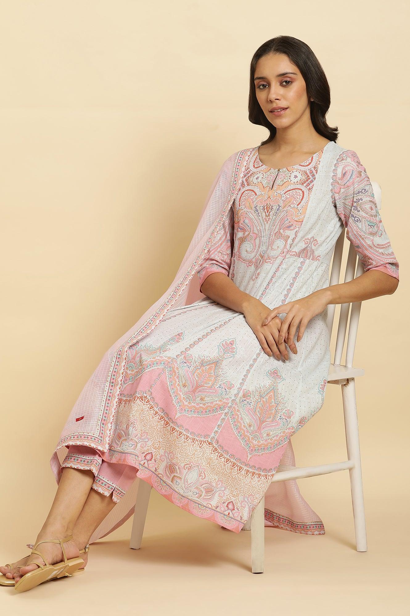 Blue Paisley Printed Anarkali Kurta, Pants & Dupatta Set - wforwoman