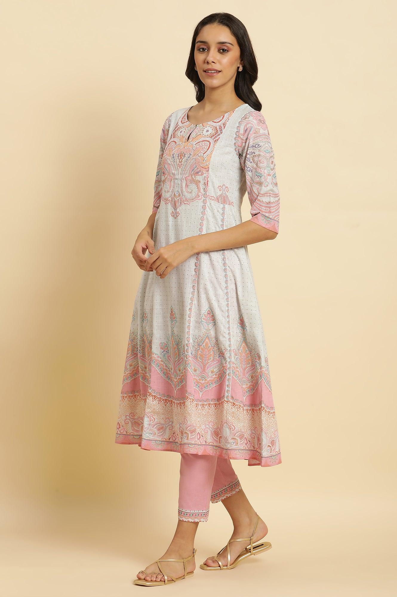 Blue Paisley Printed Anarkali Kurta, Pants & Dupatta Set - wforwoman