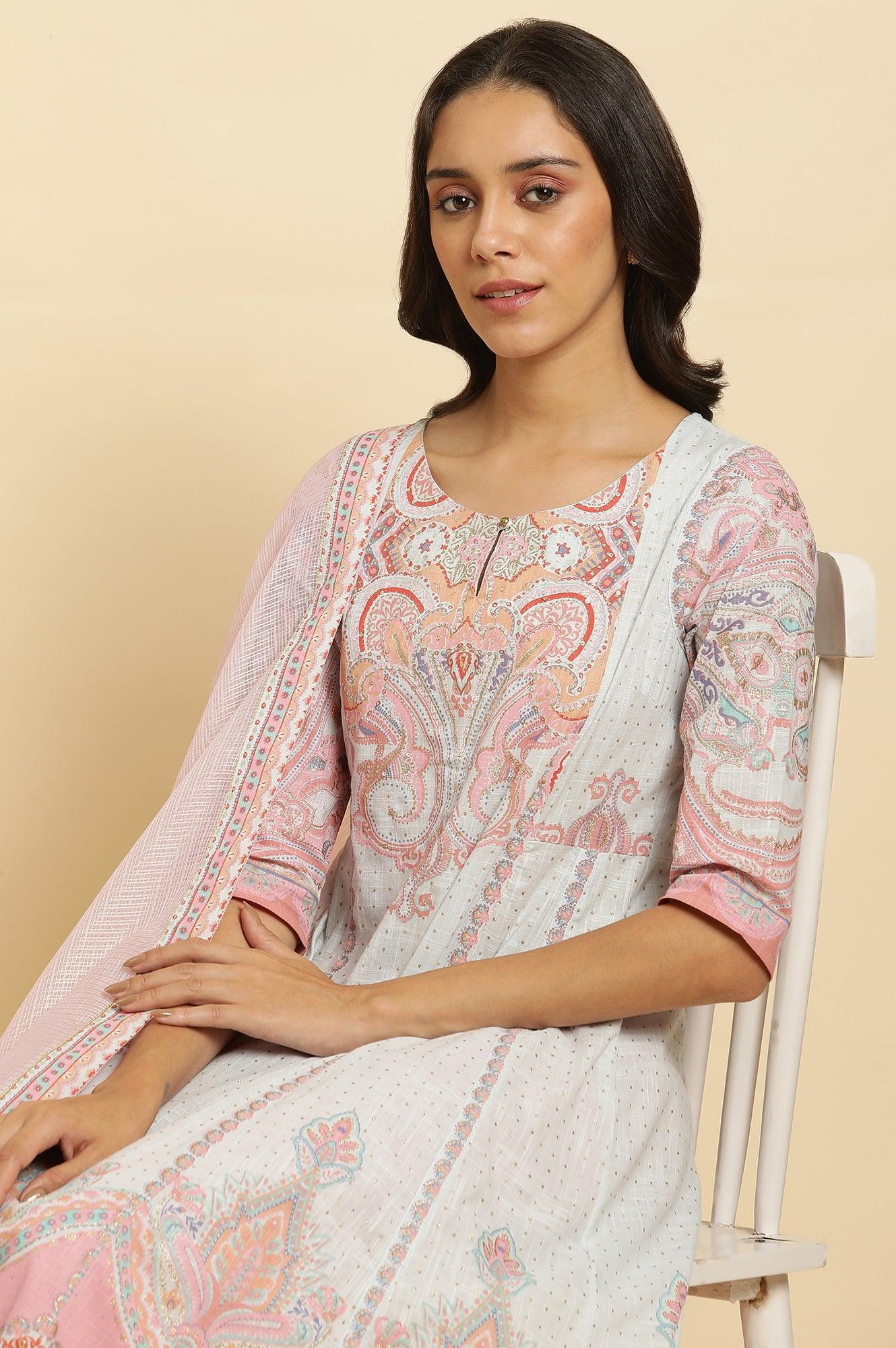 Blue Paisley Printed Anarkali Kurta, Pants & Dupatta Set - wforwoman