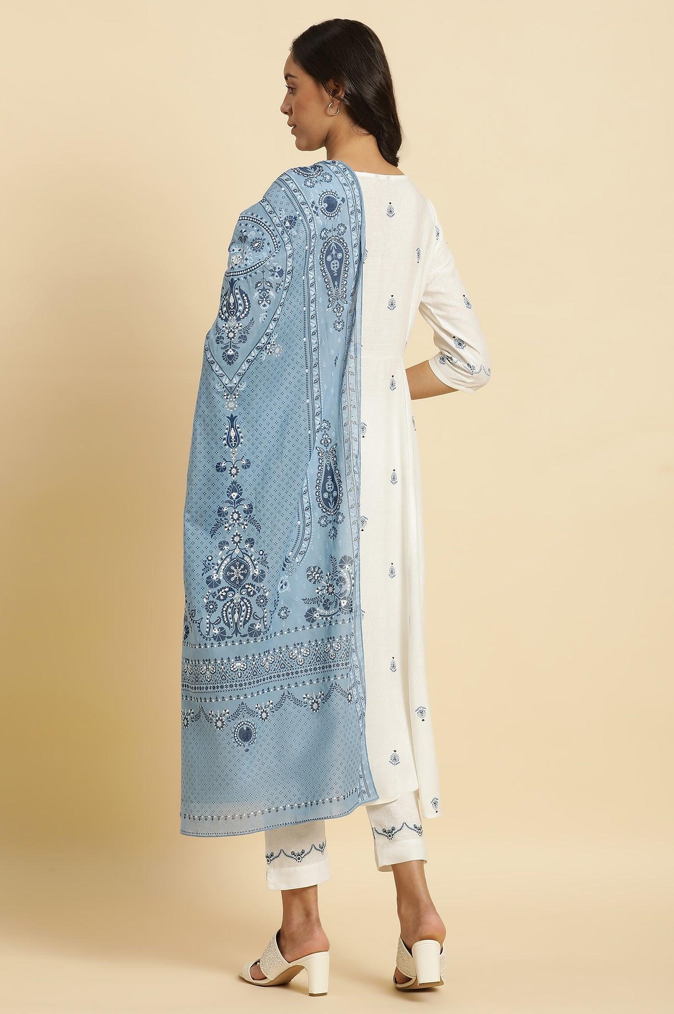 White Panelled Mock Angrakha Kurta, Pants & Dupatta Set - wforwoman